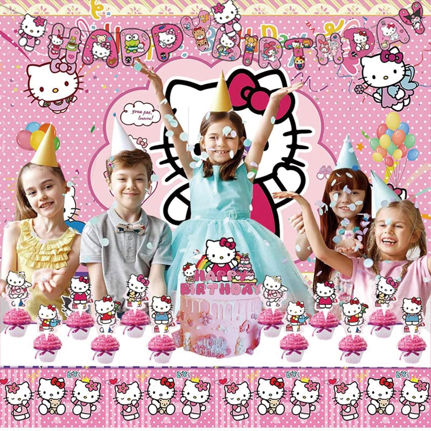 Suministros para fiesta de cumpleaños de gatitos, decoraciones de fiesta de color rosa con texto en inglés Happy Birthday, globos, telón de fondo,