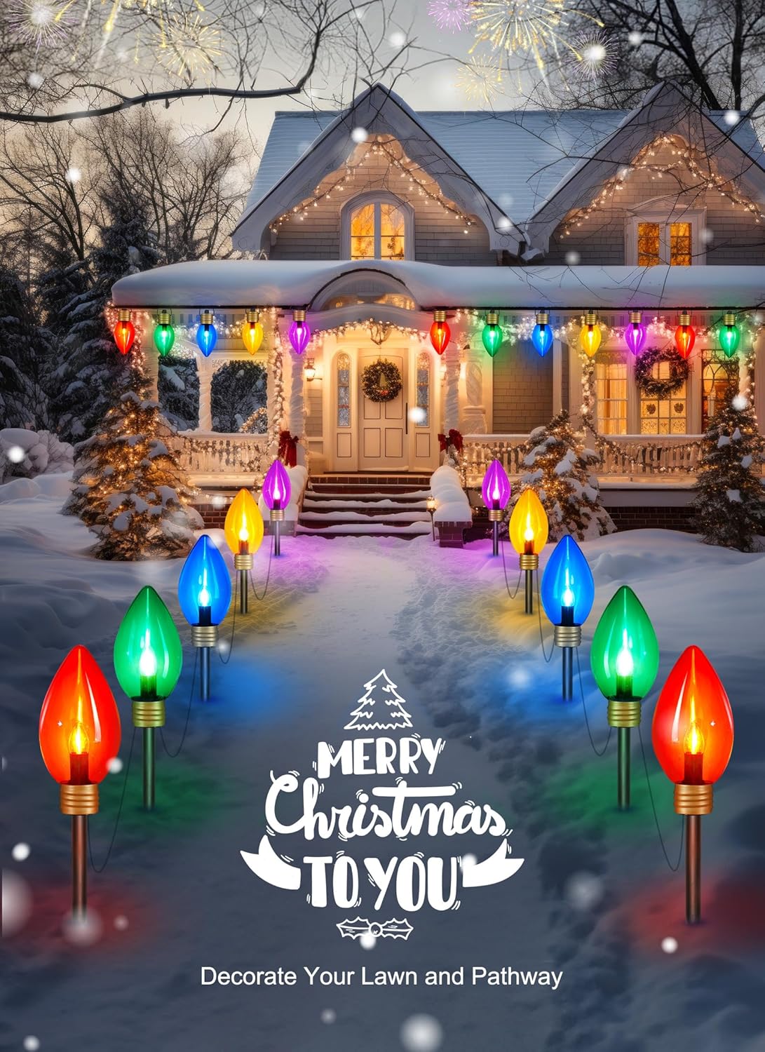 Paquete de 2 tiras de luces de Navidad súper jumbo o luces de marcador de camino, decoraciones de Navidad al aire libre, 11 pies, 5 luces LED Jumbo
