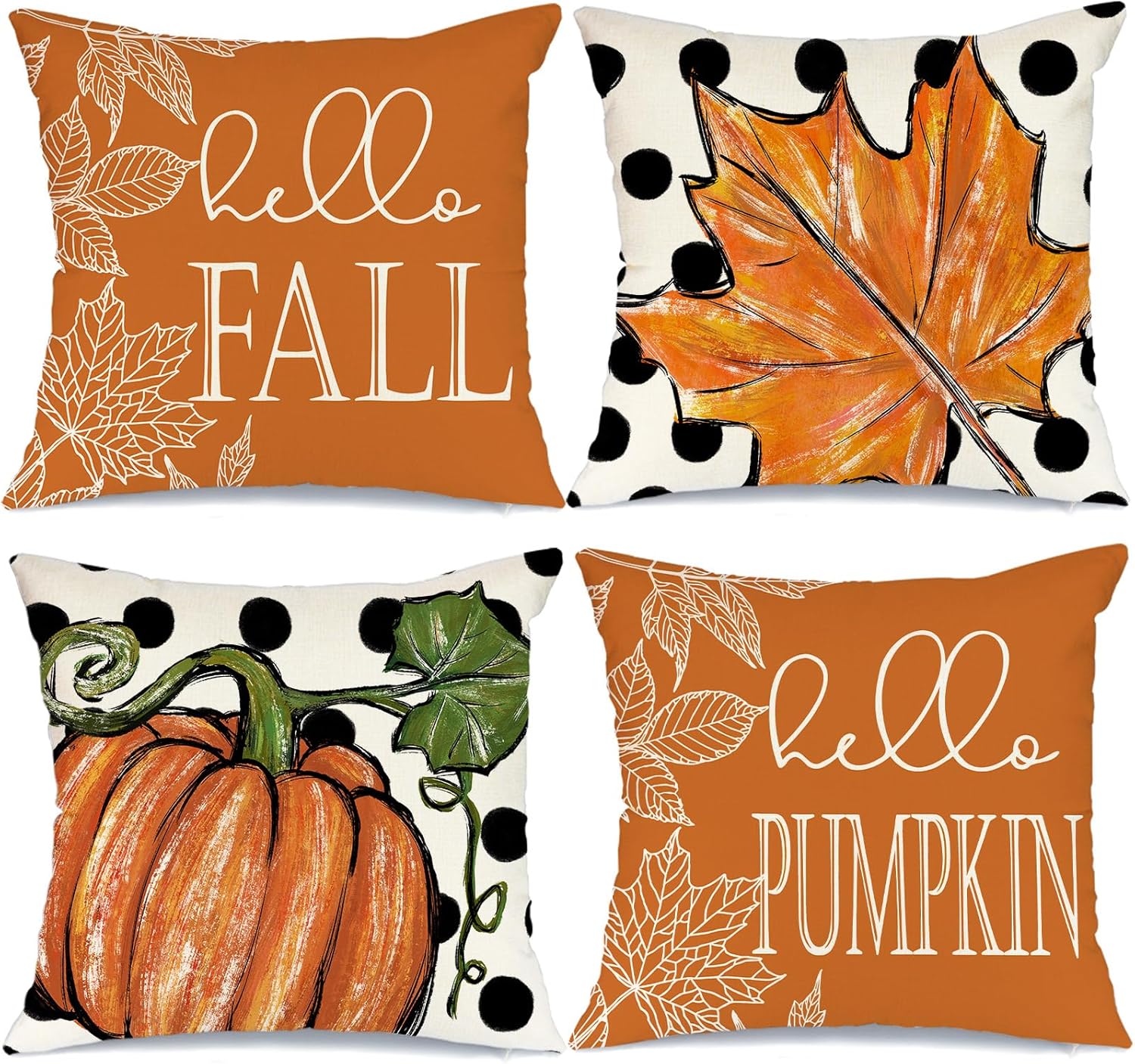 GEEORY Juego de 4 fundas de almohada de otoño de 18 x 18 pulgadas, diseño de hojas de arce con diseño de calabaza y texto en inglés “Hello Pumpkin”,