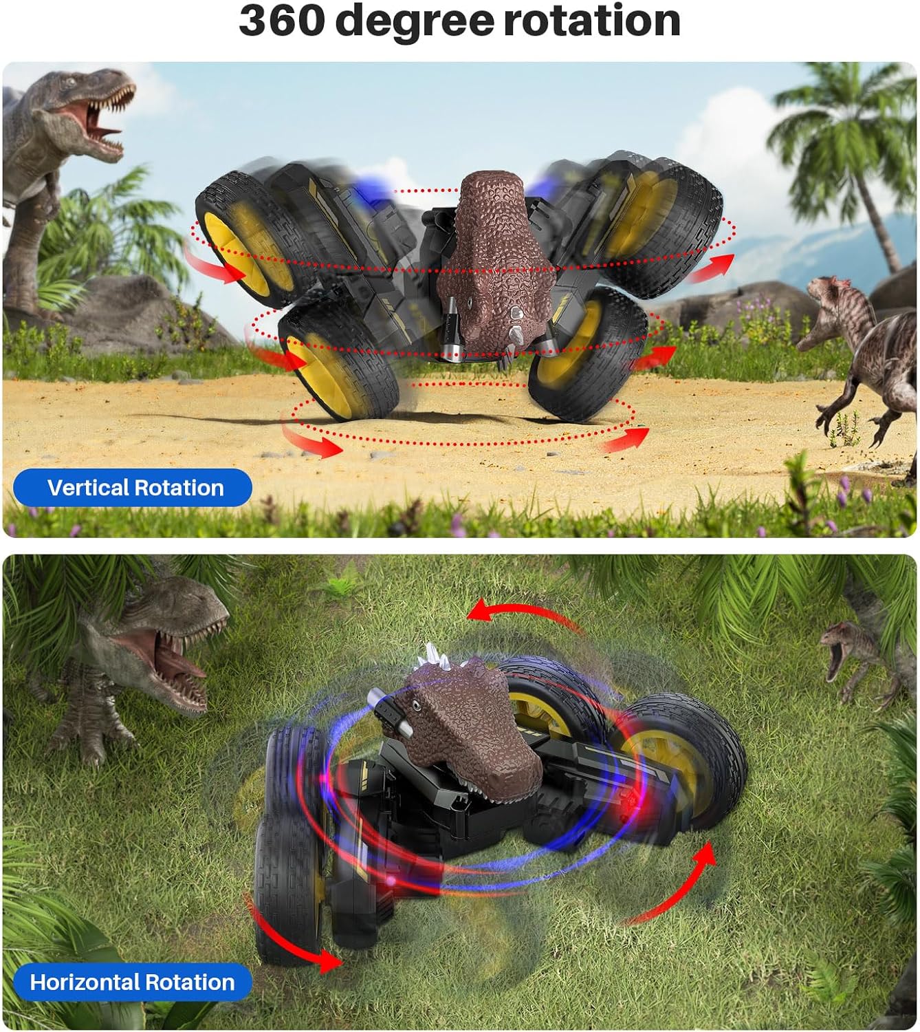 Auto de acrobacias a control remoto para niños, juguete de camión de juguete con demostración de una tecla, dinosaurio RC de rotación de 360, escala