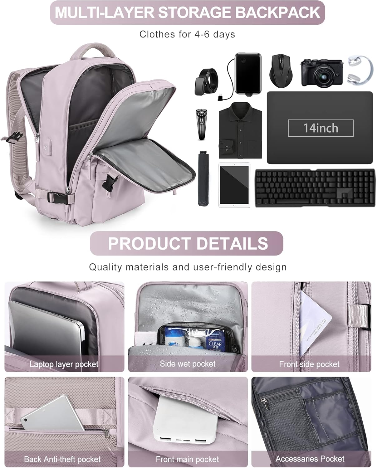 VGCUB Mochila grande de viaje para trabajo, negocios, mochila para computadora portátil aprobada para vuelo, para mujeres y hombres, mochila de