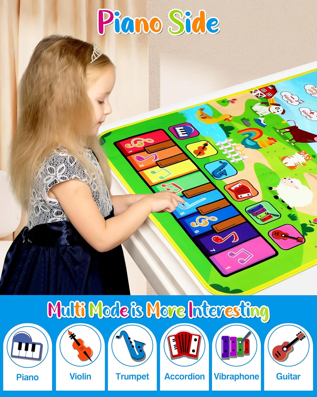 Vanmor Tapete musical para niños pequeños, juguetes musicales, teclado de piano y tapete de batería con 2 palos, manta de animales, almohadillas
