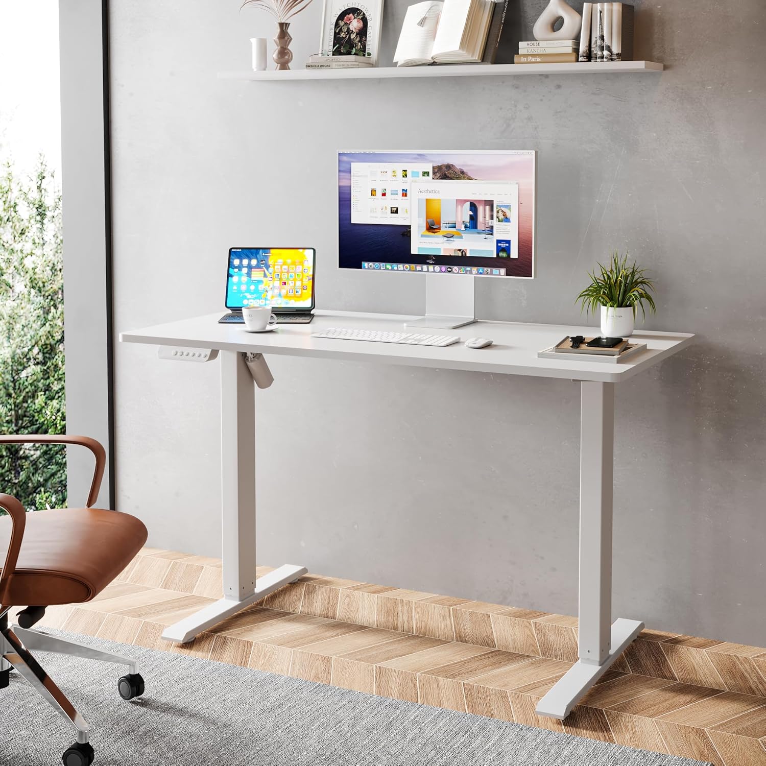FurniStory Escritorio eléctrico de pie con tabla entera, escritorio de pie ajustable de 48 x 24 pulgadas, escritorio de oficina en casa con 3