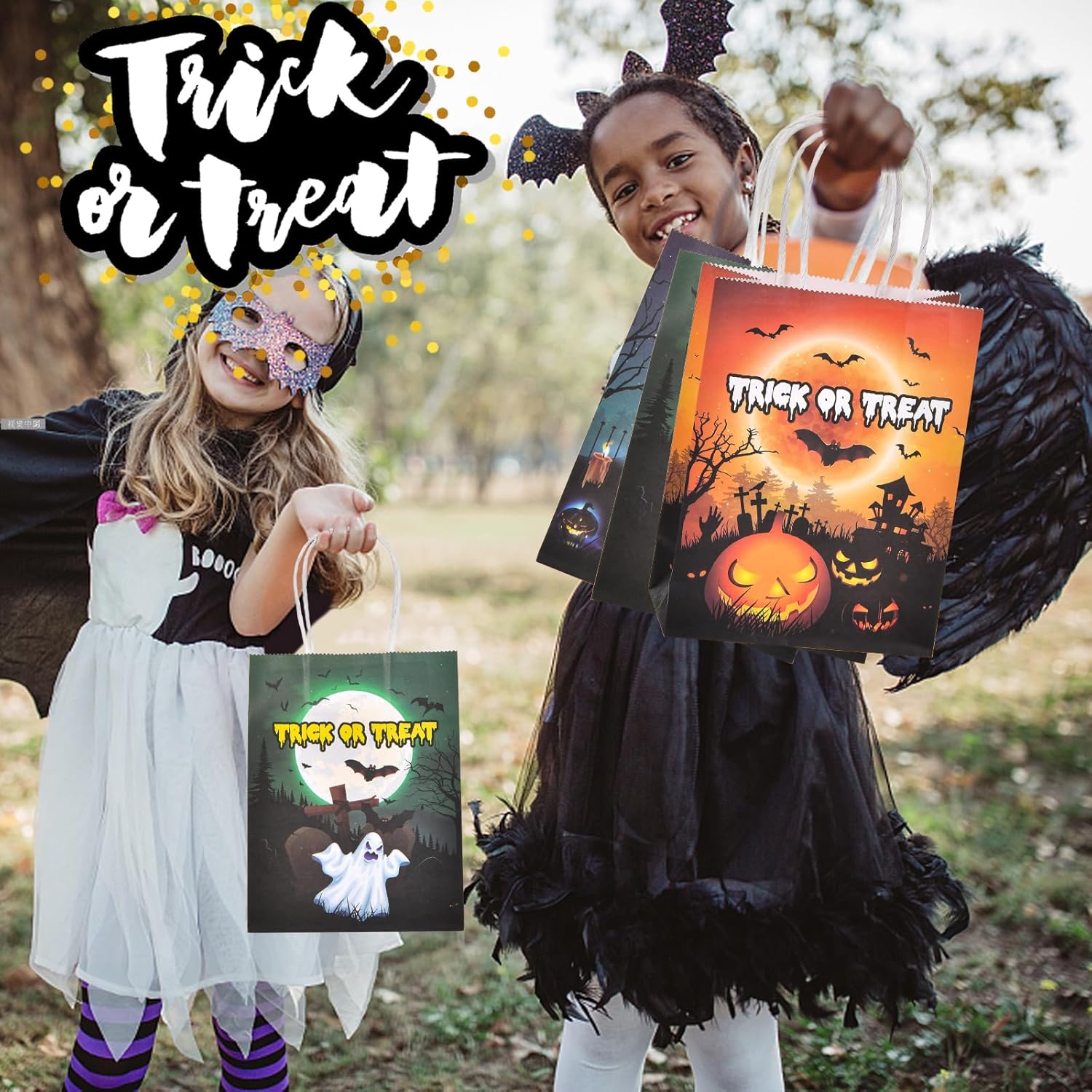 OGLARING – 24 bolsas de papel de regalo de Halloween, pequeñas bolsas de dulces de Halloween con asa, bolsas a granel para dulces o trucos para