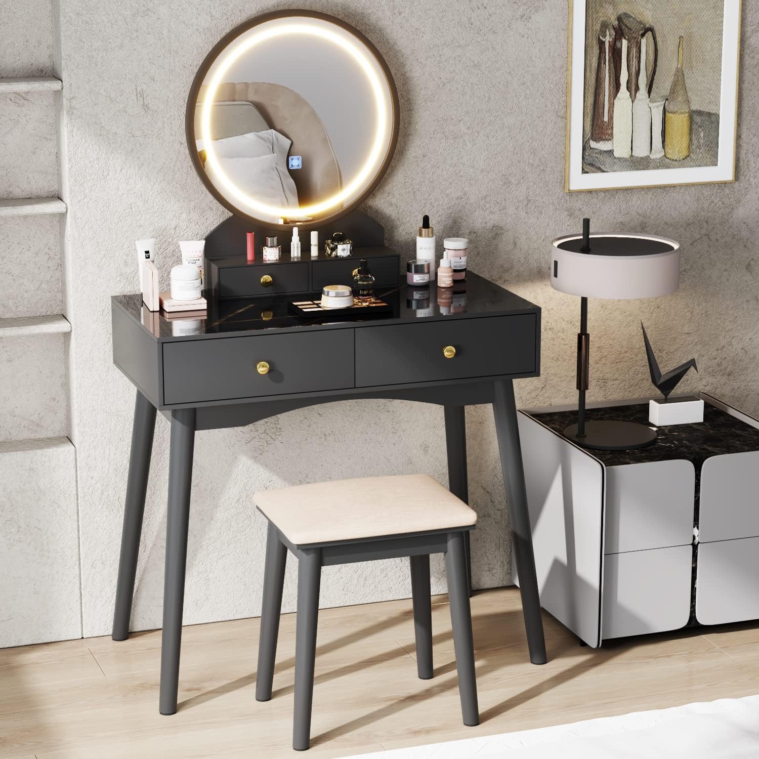Furmax Juego de tocador de tocador de maquillaje con espejo iluminado con escritorio moderno, taburete acolchado suave, 4 cajones de almacenamiento,