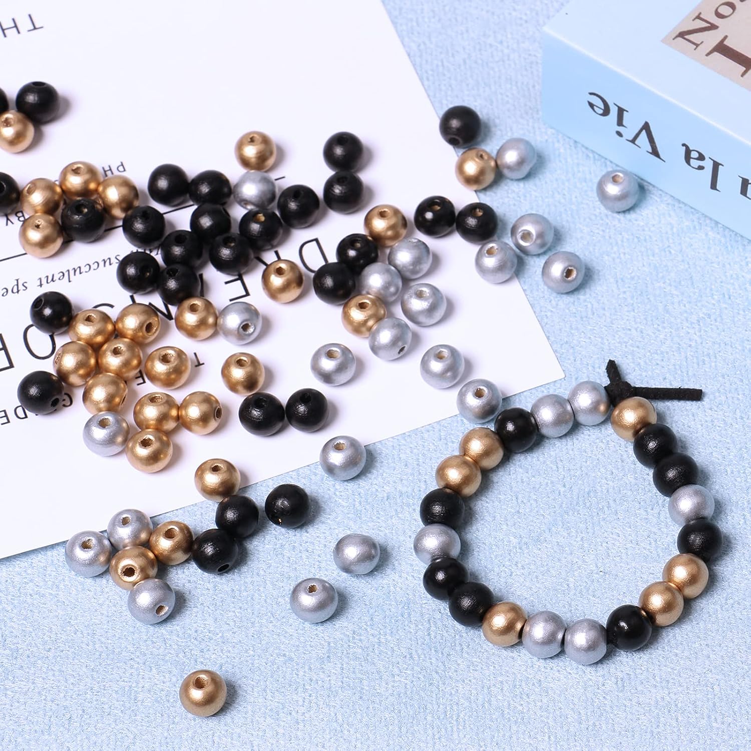 Cuentas de madera de 0.394 in para la fabricación de joyas, 300 cuentas redondas de madera de color negro y dorado y plateado, cuentas sueltas de