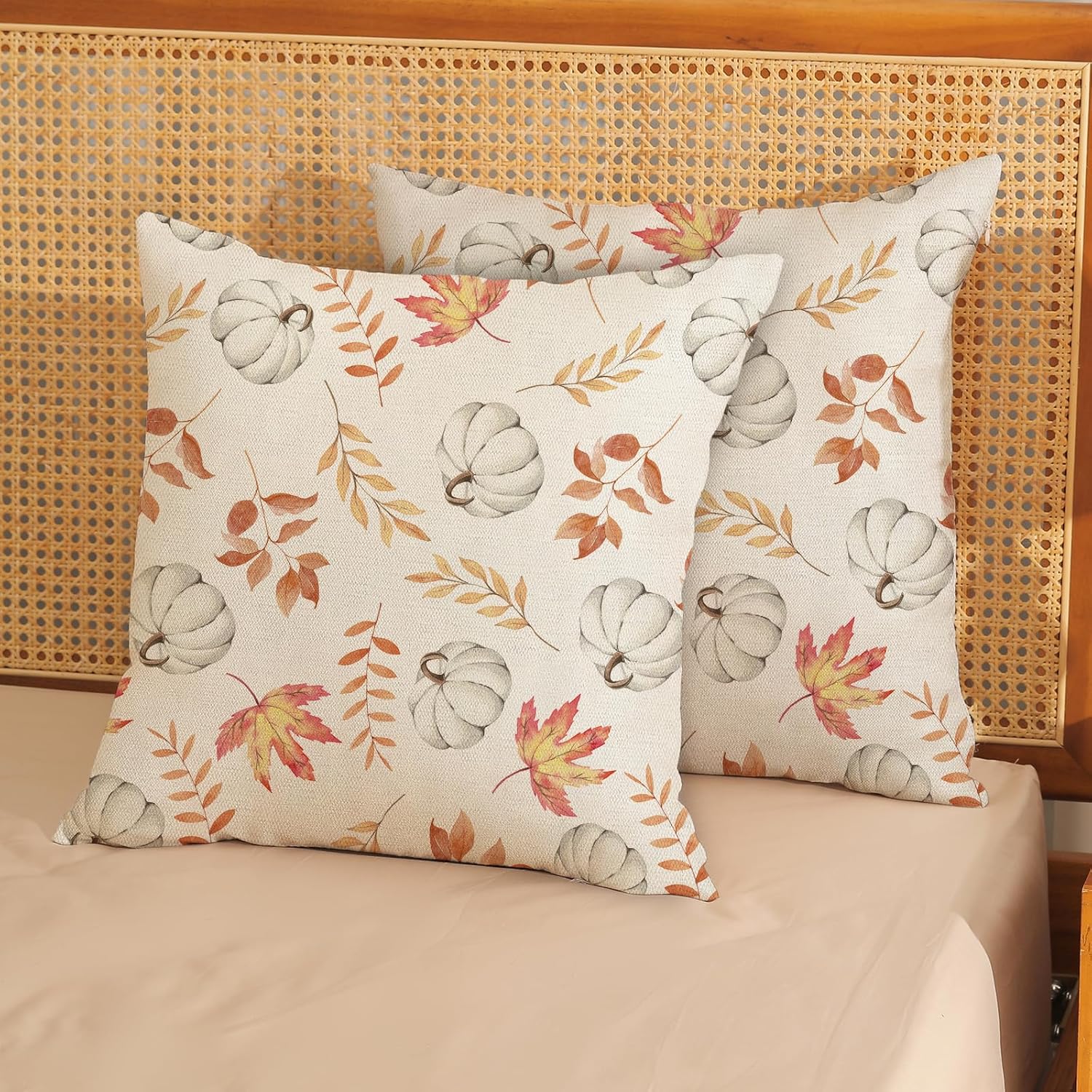 Juego de 2 fundas de almohada de otoño de 22 x 22 pulgadas, diseño de calabaza y hoja de arce, fundas de almohada decorativas de lino para otoño,