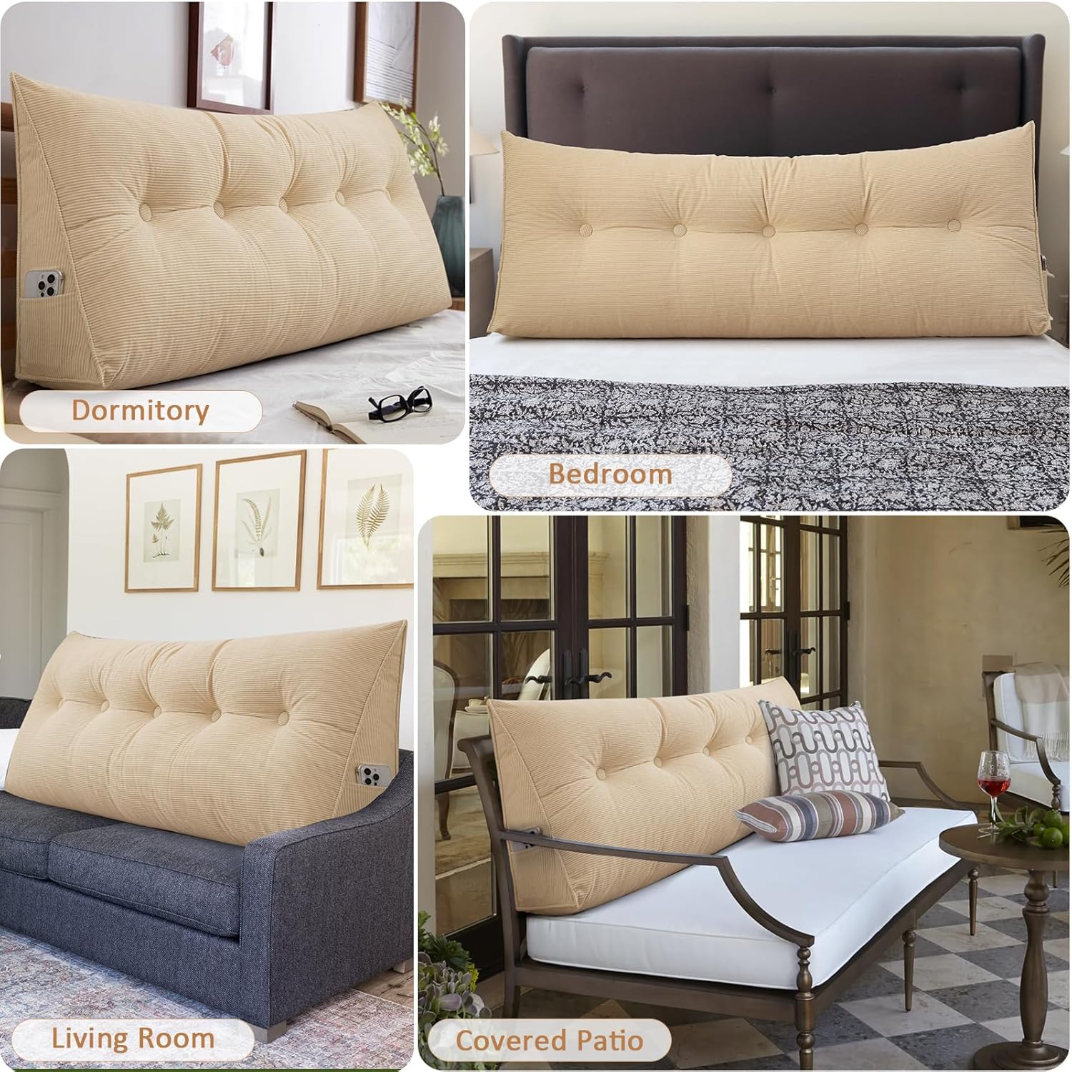 BECHAEO Almohada de cuña de cama para cabecera, lectura y descanso lumbar para cama, sofá, almohada larga grande con bolsillos laterales, funda