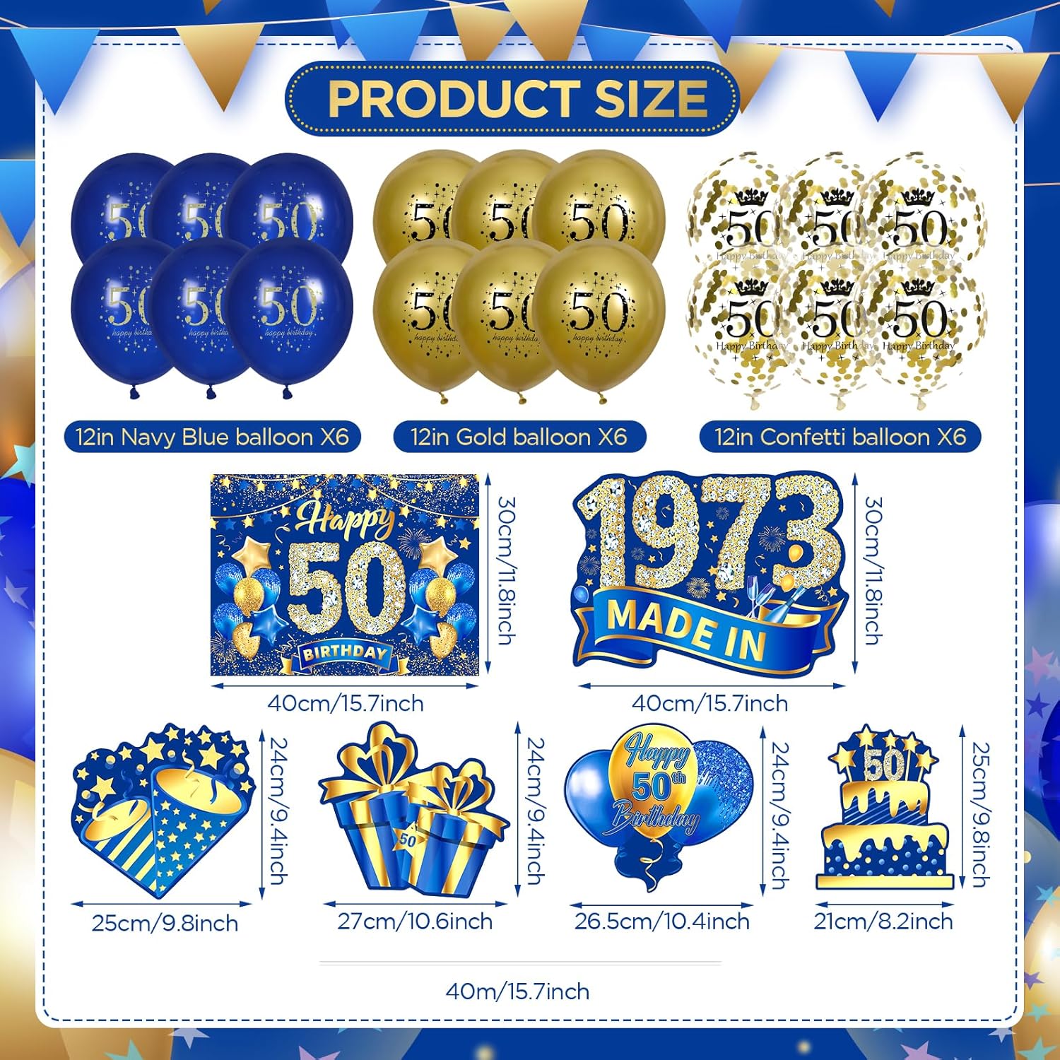 Decoraciones azules de cumpleaños 50 para hombres y mujeres, 6 piezas azul marino y dorado con estacas y 18 globos de 50 cumpleaños 1973 para fiesta