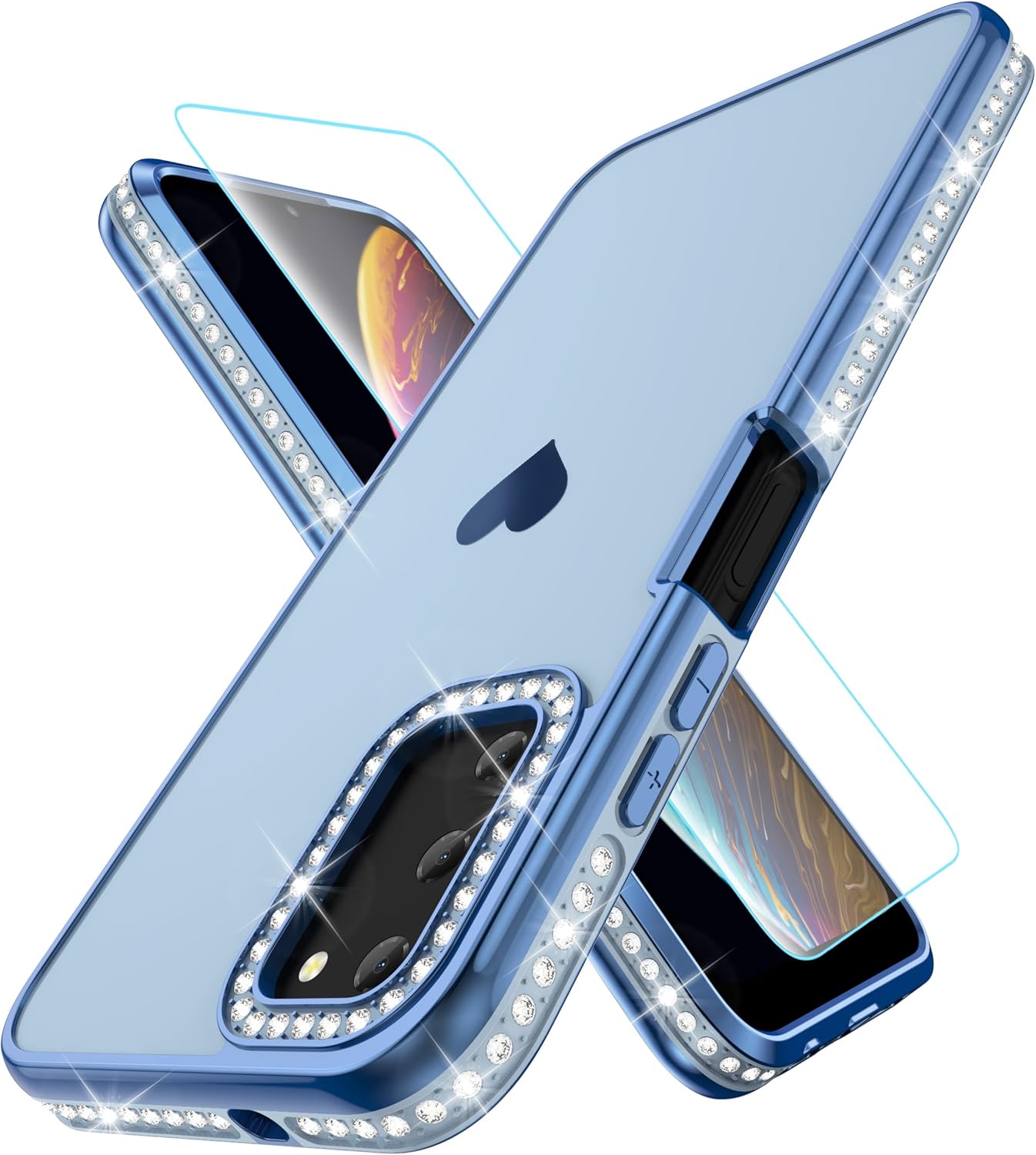 Funda compatible con Samsung Galaxy A03S con protector de pantalla, diseño de corazón de amor, diamantes de imitación brillantes para niñas y