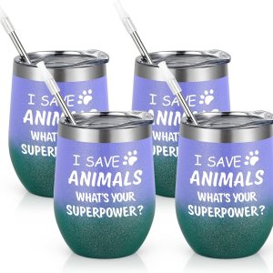 Paquete de 4 vasos de vino con tapa, diseño de texto en inglés “I Save Animals, Whats Your Superpower”, de acero inoxidable, ideas de cumpleaños y Paquete de 4 vasos de vino con tapa, diseño de texto en inglés “I Save Animals, Whats Your Superpower”, de acero inoxidable, ideas de cumpleaños y