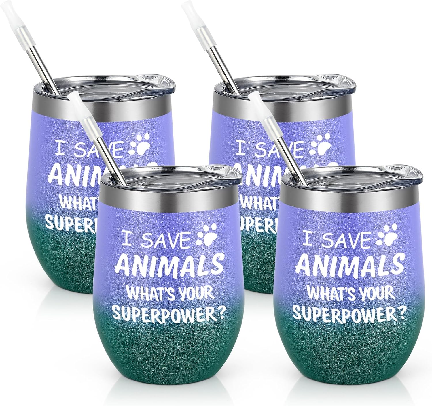 Paquete de 4 vasos de vino con tapa, diseño de texto en inglés “I Save Animals, Whats Your Superpower”, de acero inoxidable, ideas de cumpleaños y