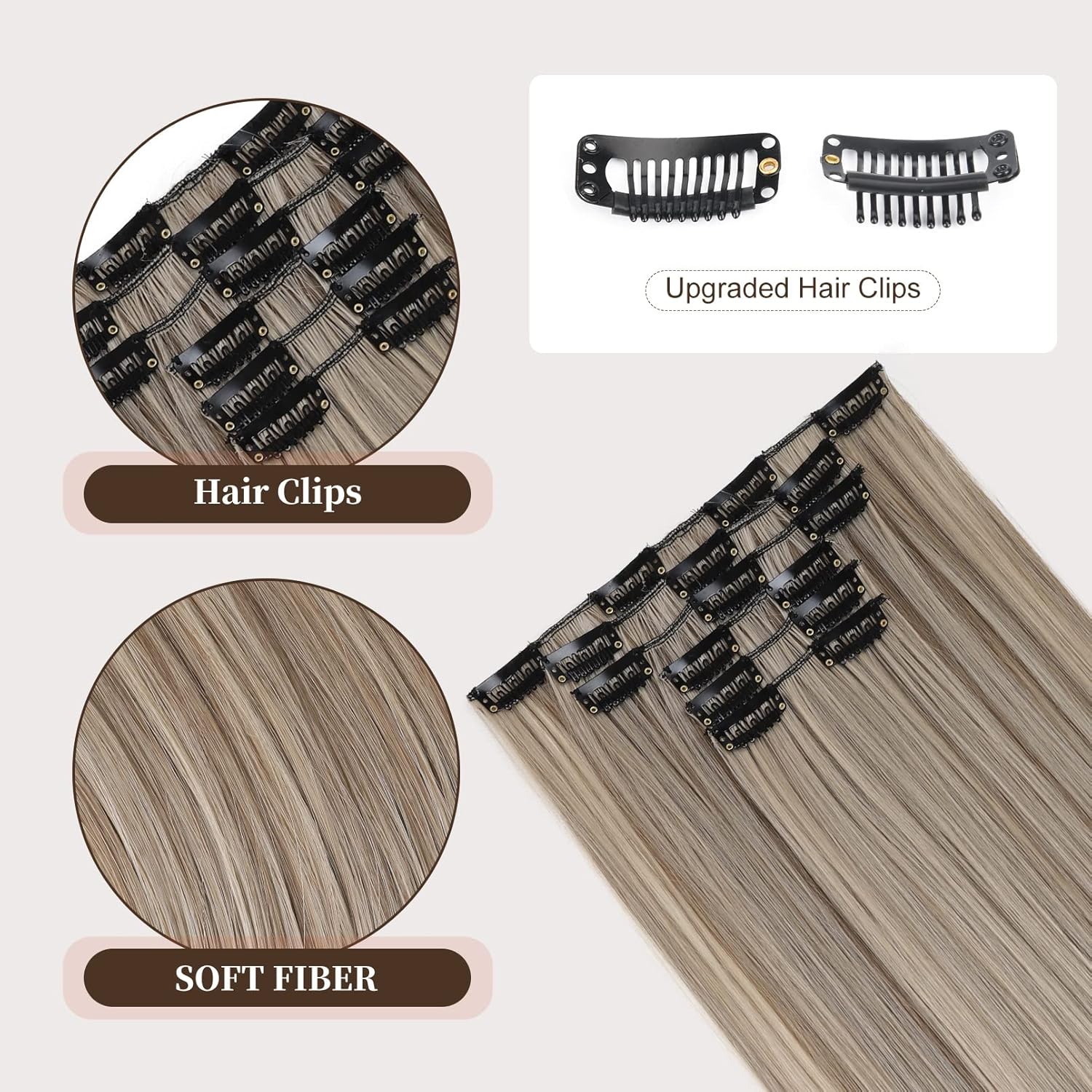 YOGFIT Extensiones de cabello sintético largo y liso con clip, de 24 pulgadas, 6 unidades, balayage, marrón ceniza con rubio blanco, extensiones