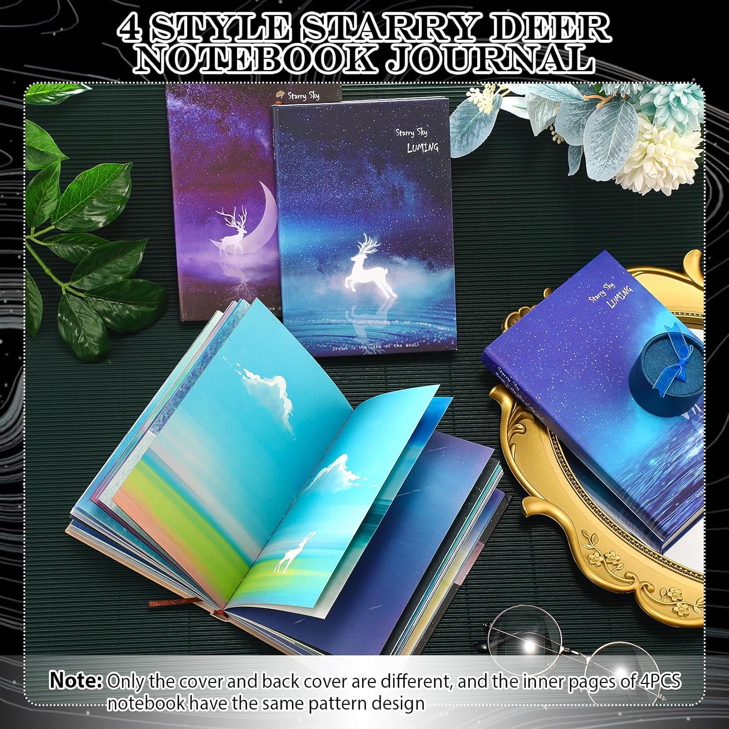 Yeaqee – 4 diarios de escritura de ciervos estrellados de 7.6 x 5.2 pulgadas, cuaderno colorido en blanco para notas diarias, cuaderno estético de