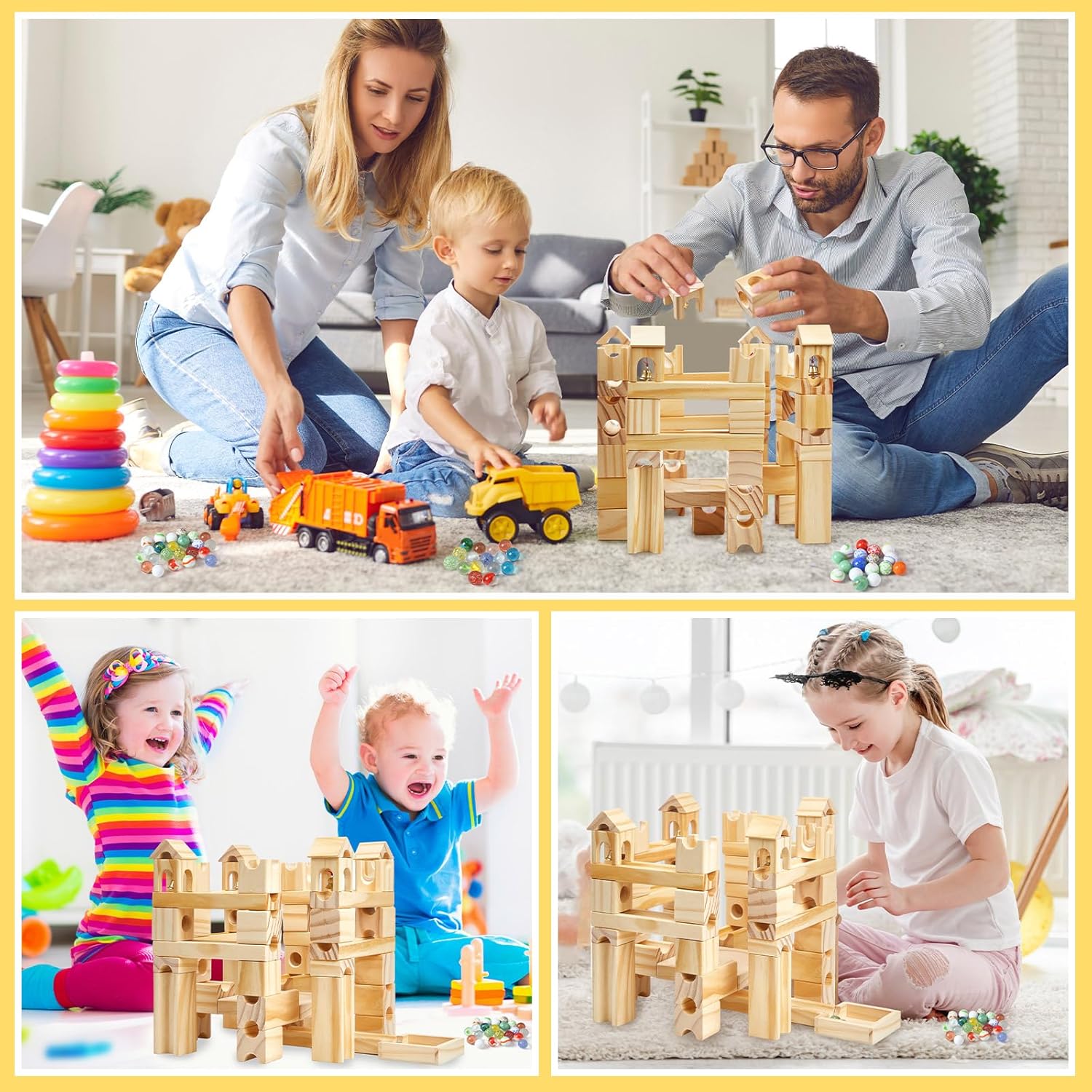 Gemscream Carrera de mármol de madera para niños de 4 a 8 años, 120 piezas de bloques de construcción de madera y juego de construcción y canicas de