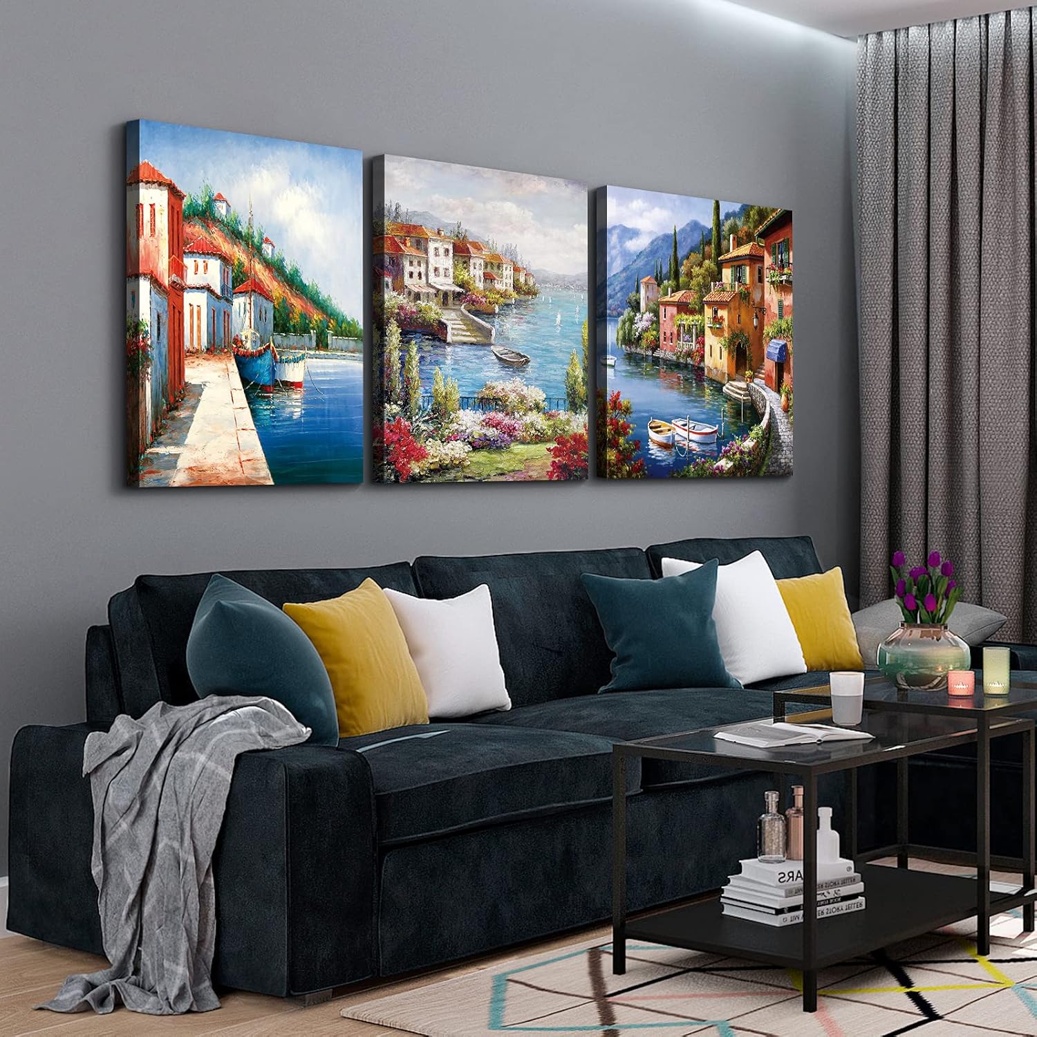Denozer – Lienzo decorativo para pared de 3 piezas – Lienzo de ciudad europea, arte de pared con flores costeras, jardín, pintura de reproducción