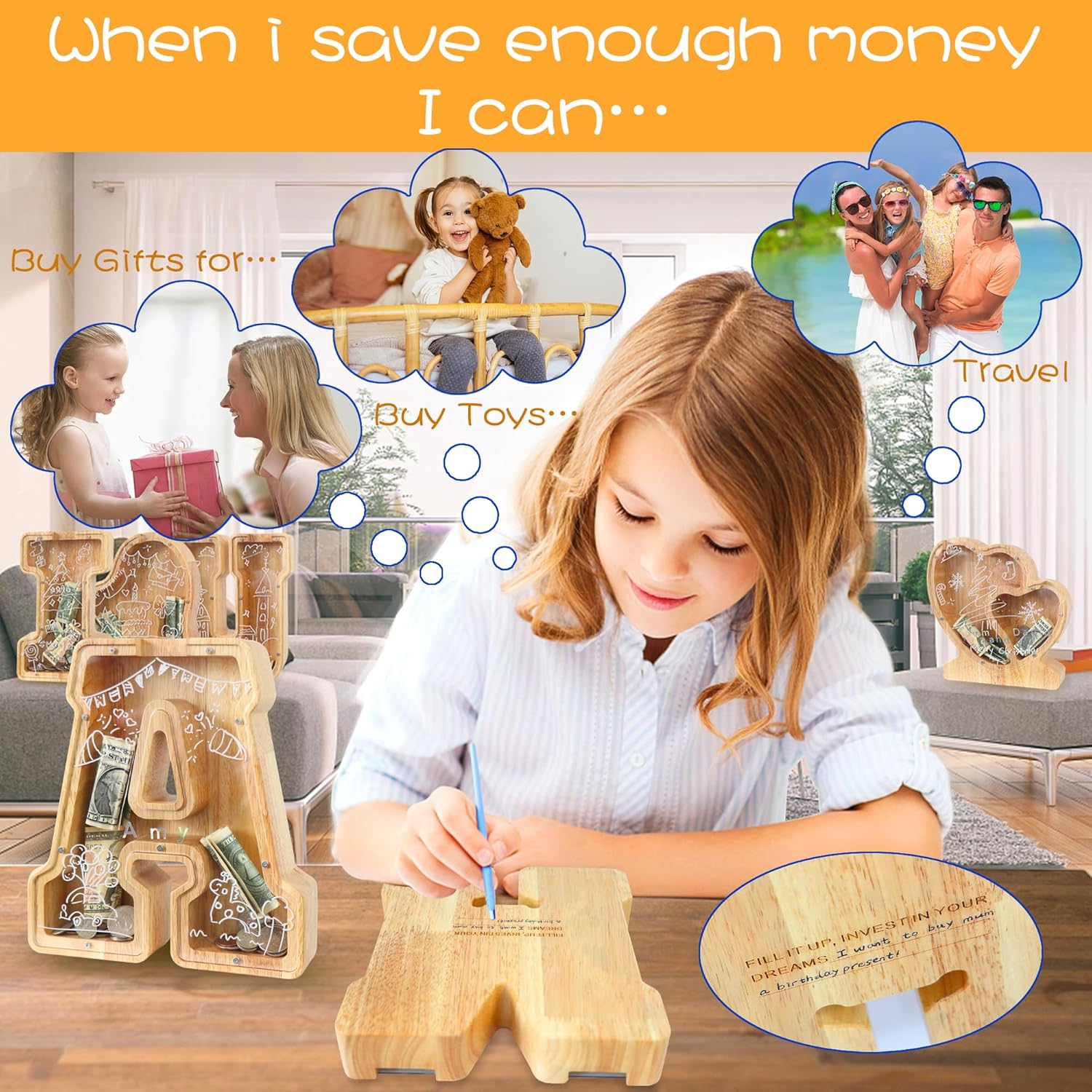 Alcancía de madera grande con letras para niños y niñas, alcancías personalizadas de madera de la A a la Z con área objetivo, billetes del alfabeto