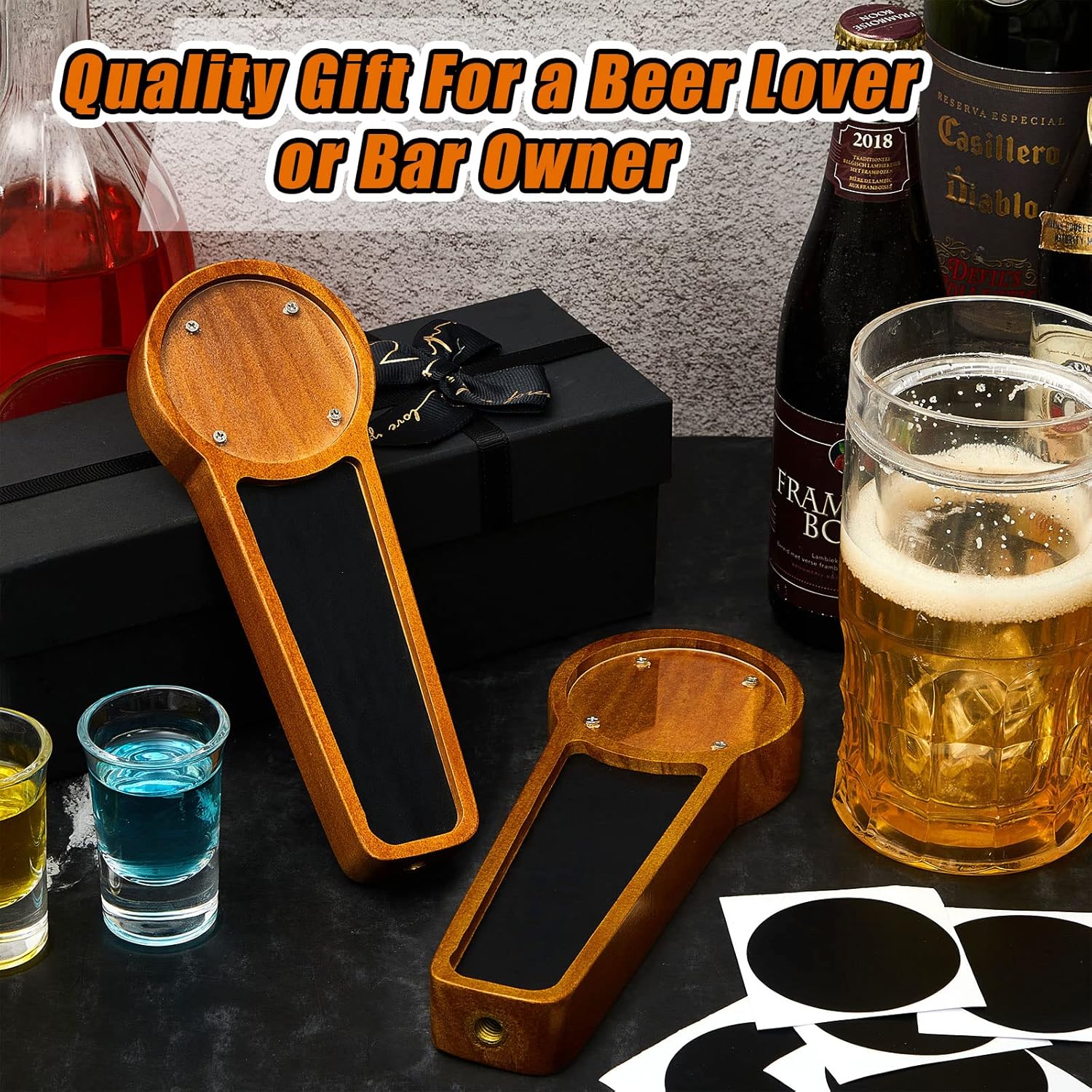 4 unidades de mango de madera para tocador de cerveza para Kegerator con logotipo intercambiable y 4 bolígrafos para bar, restaurante, boda,