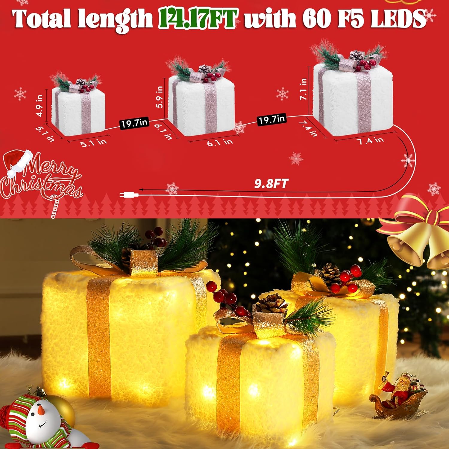 Decoraciones de Navidad para interiores, cajas de regalo iluminadas de Elegear Navidad, 8 modos y función de temporizador, juego de 3 cajas de