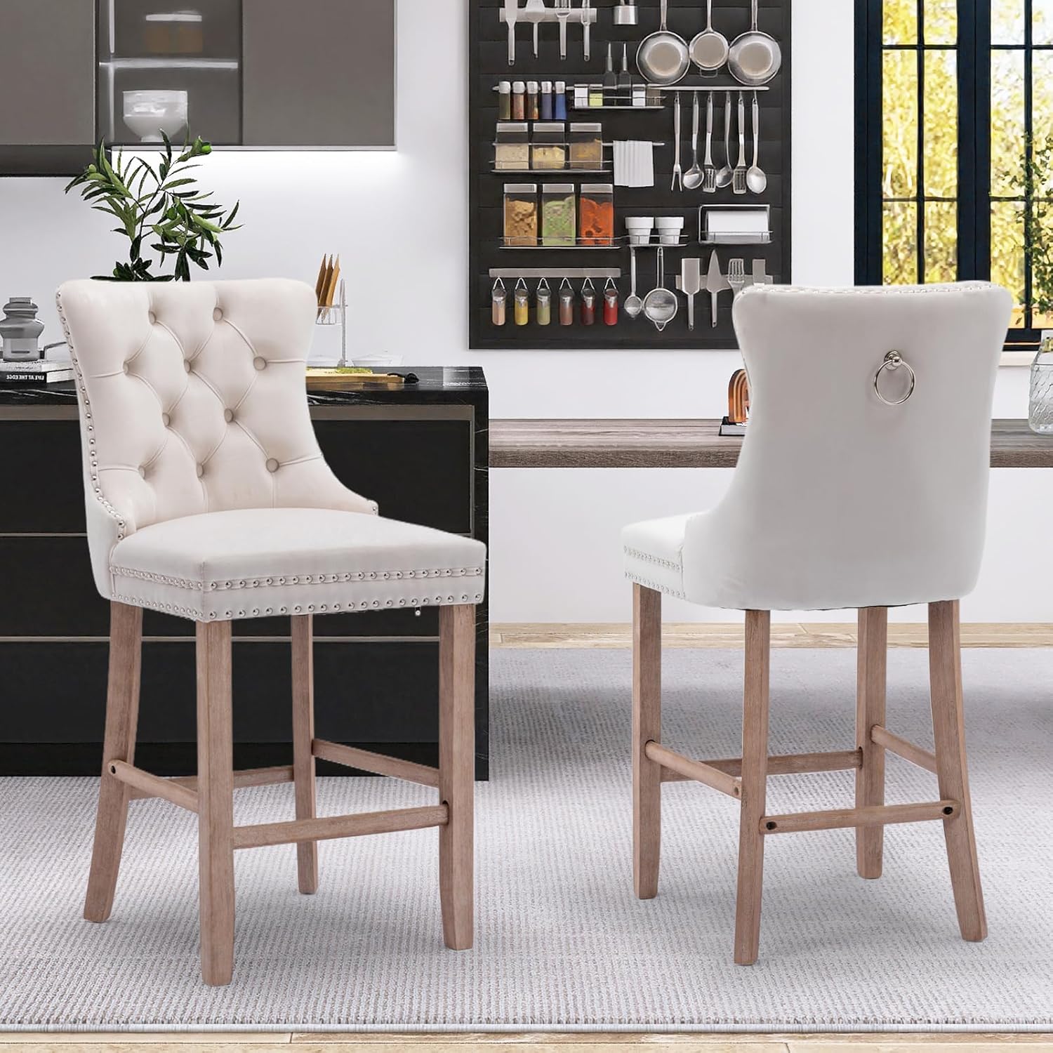 Juego de 2 taburetes de bar, taburetes de bar tapizados de terciopelo para isla de cocina, taburetes de mostrador con ribete de cabeza de clavo,