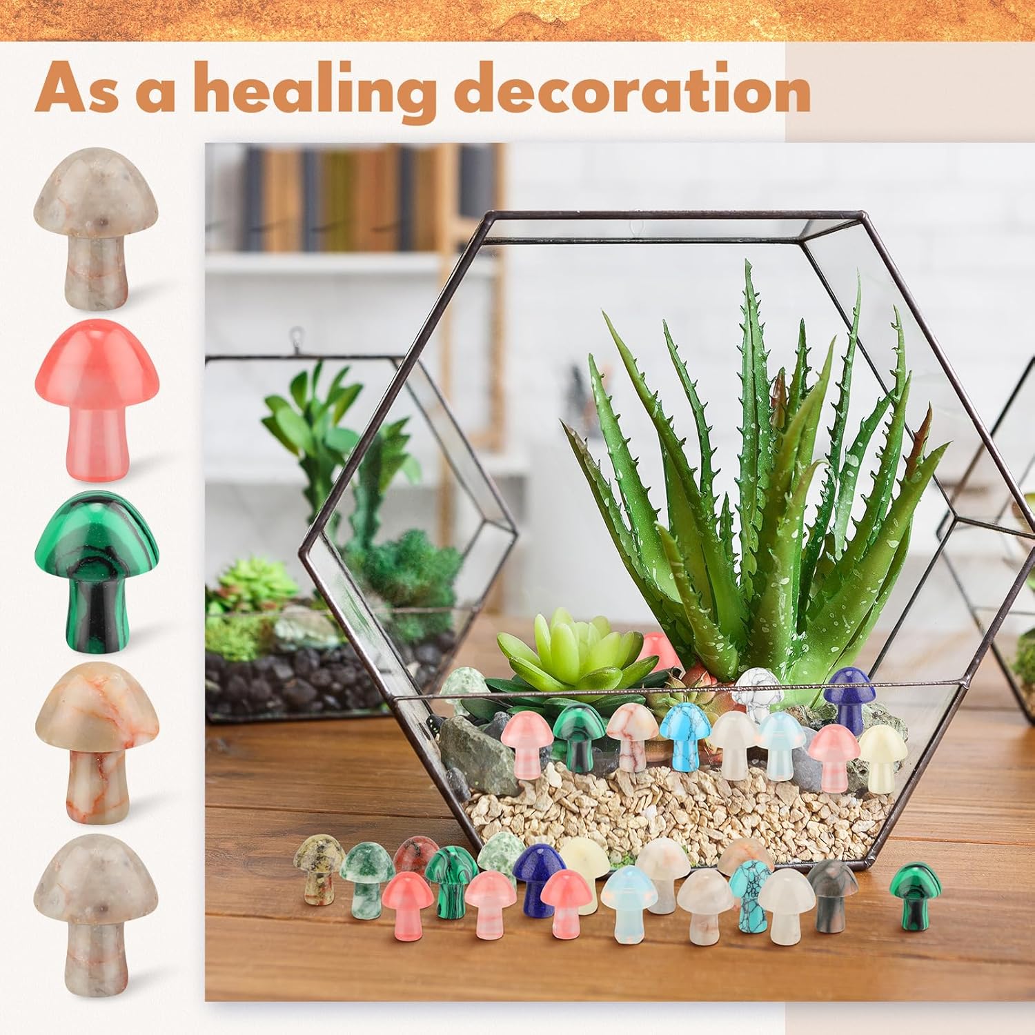 Nuenen 200 piezas de hongos de cristal a granel, mini escultura de cuarzo, decoración de hongo de piedra, hongo lindo a mano, decoración de hongo de