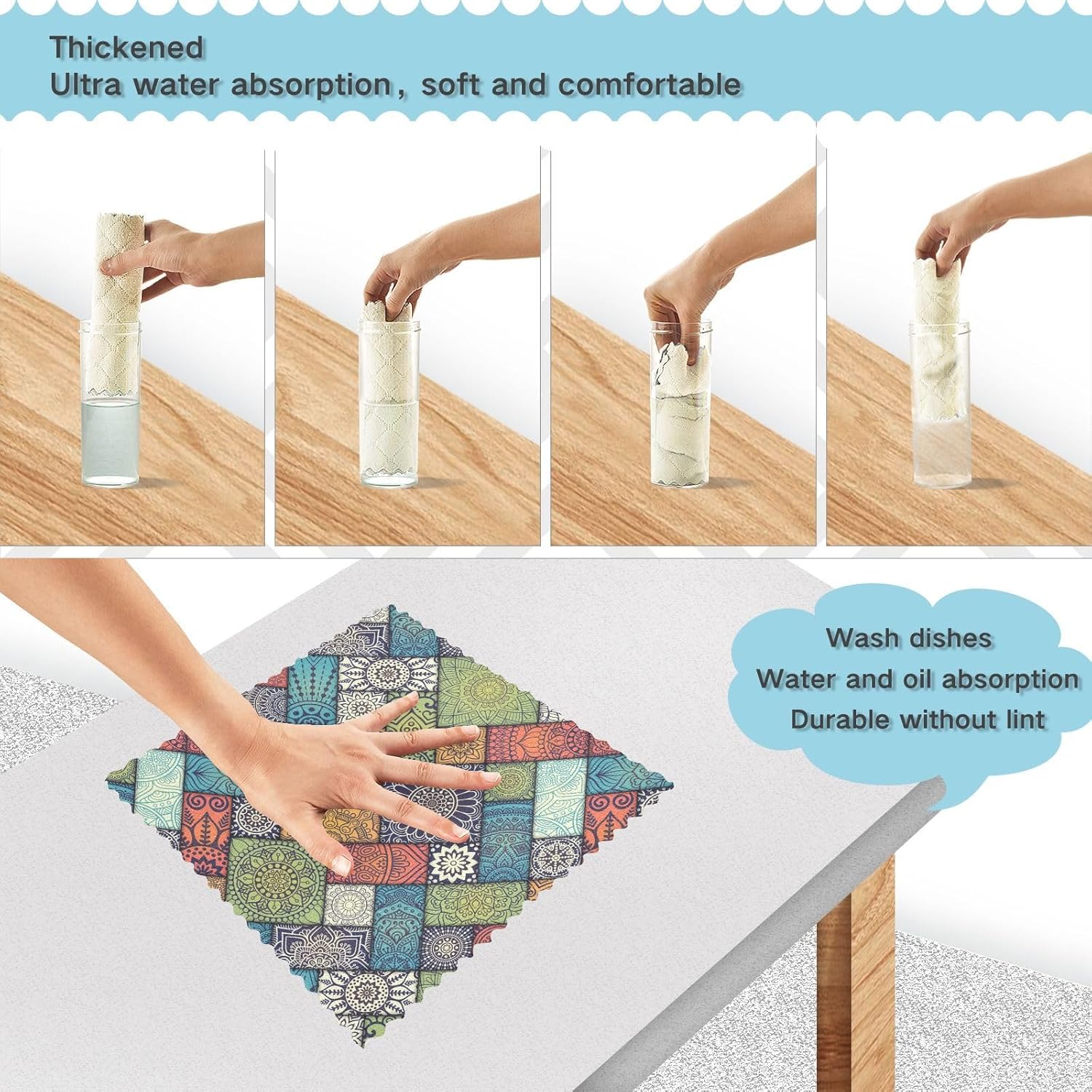Jihqo Juego de 6 paños de cocina con diseño de mandala verde, reutilizables, suaves y absorbentes, paños de cocina de 11 x 11 pulgadas para