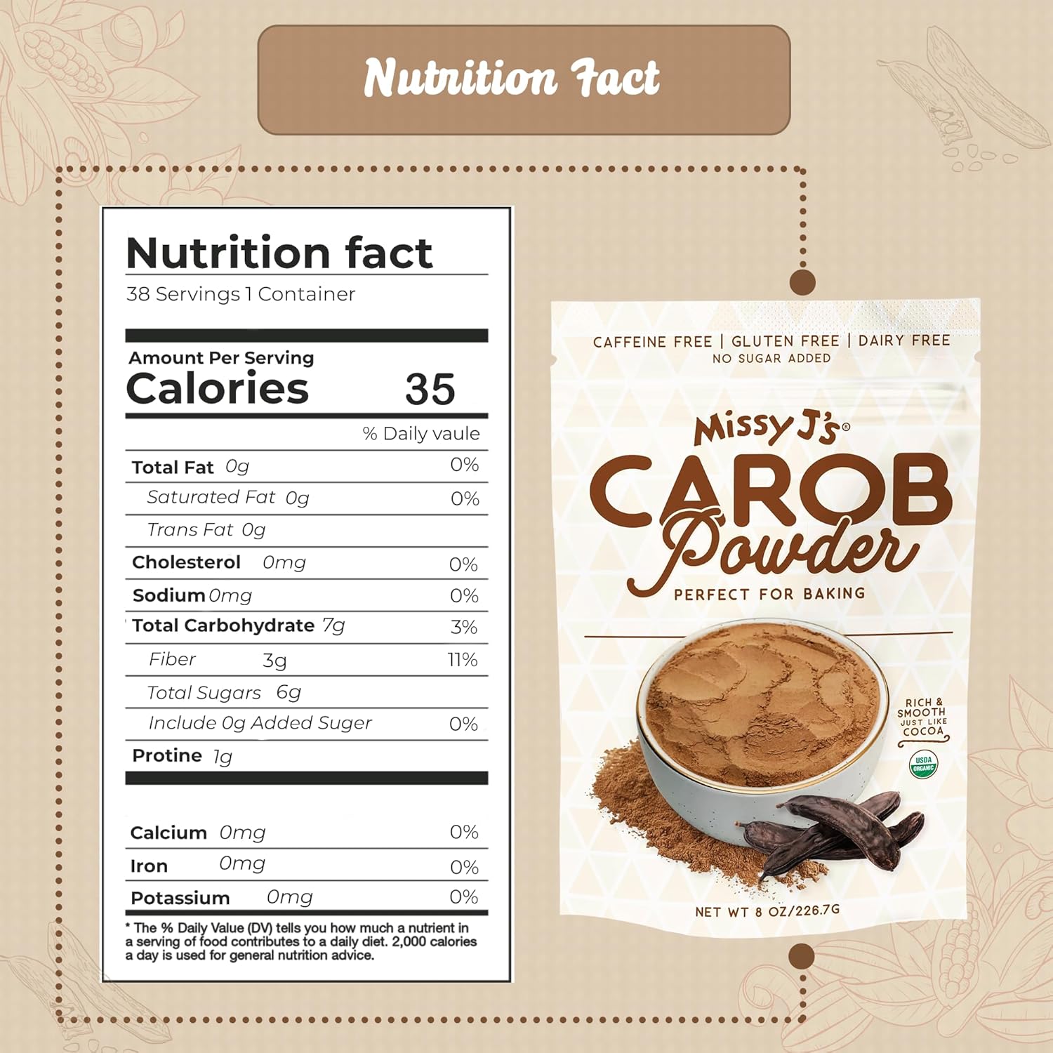 Missy Js – Polvo de algarrobo tostado orgánico de 8 onzas, 1 paquete, hecho de algarroba, vegano y sin gluten, sustituto saludable sin cafeína para