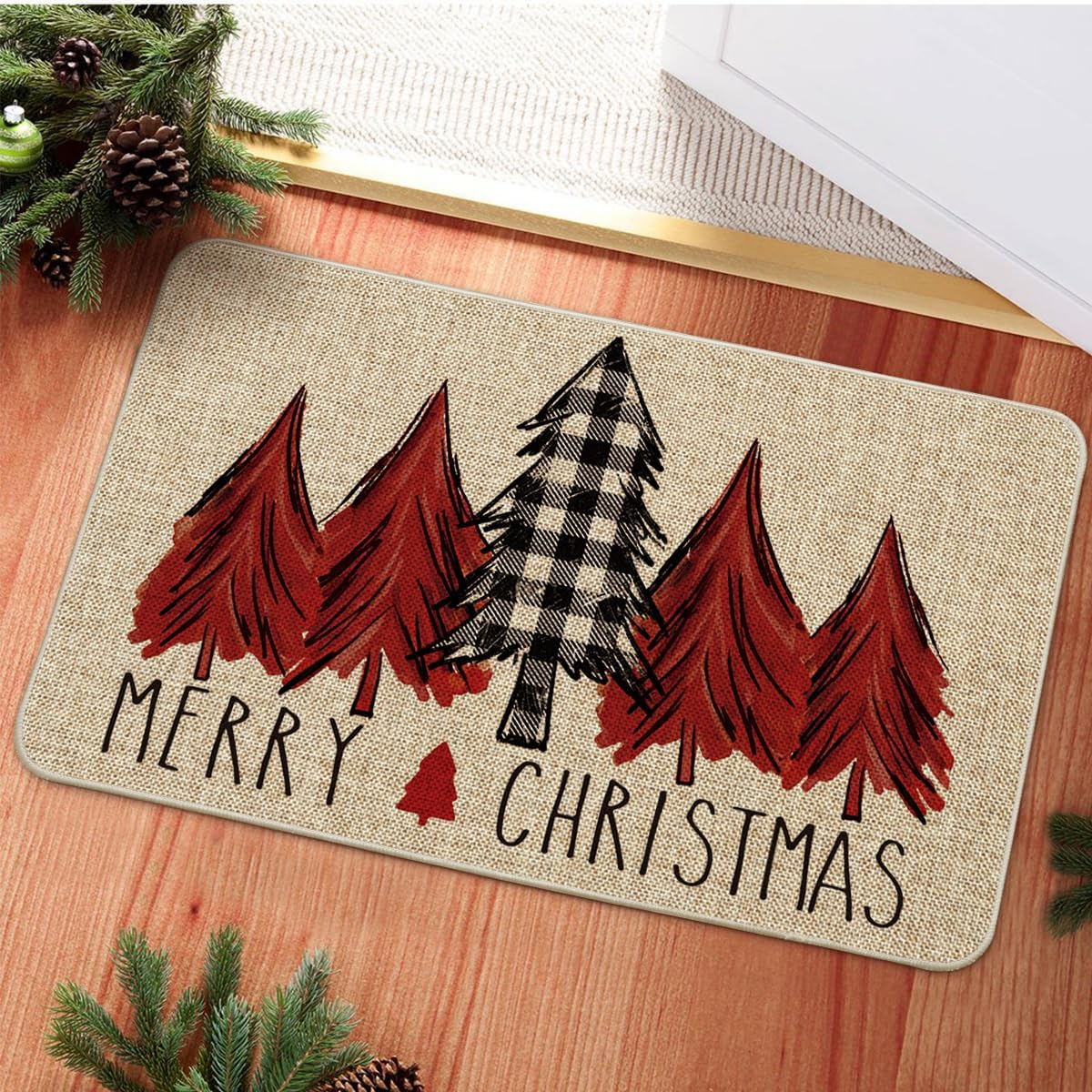 Artoid Mode Tapete rojo con diseño de árboles de Navidad, decoración del hogar de invierno de perfil bajo, tapete de puerta para interiores y