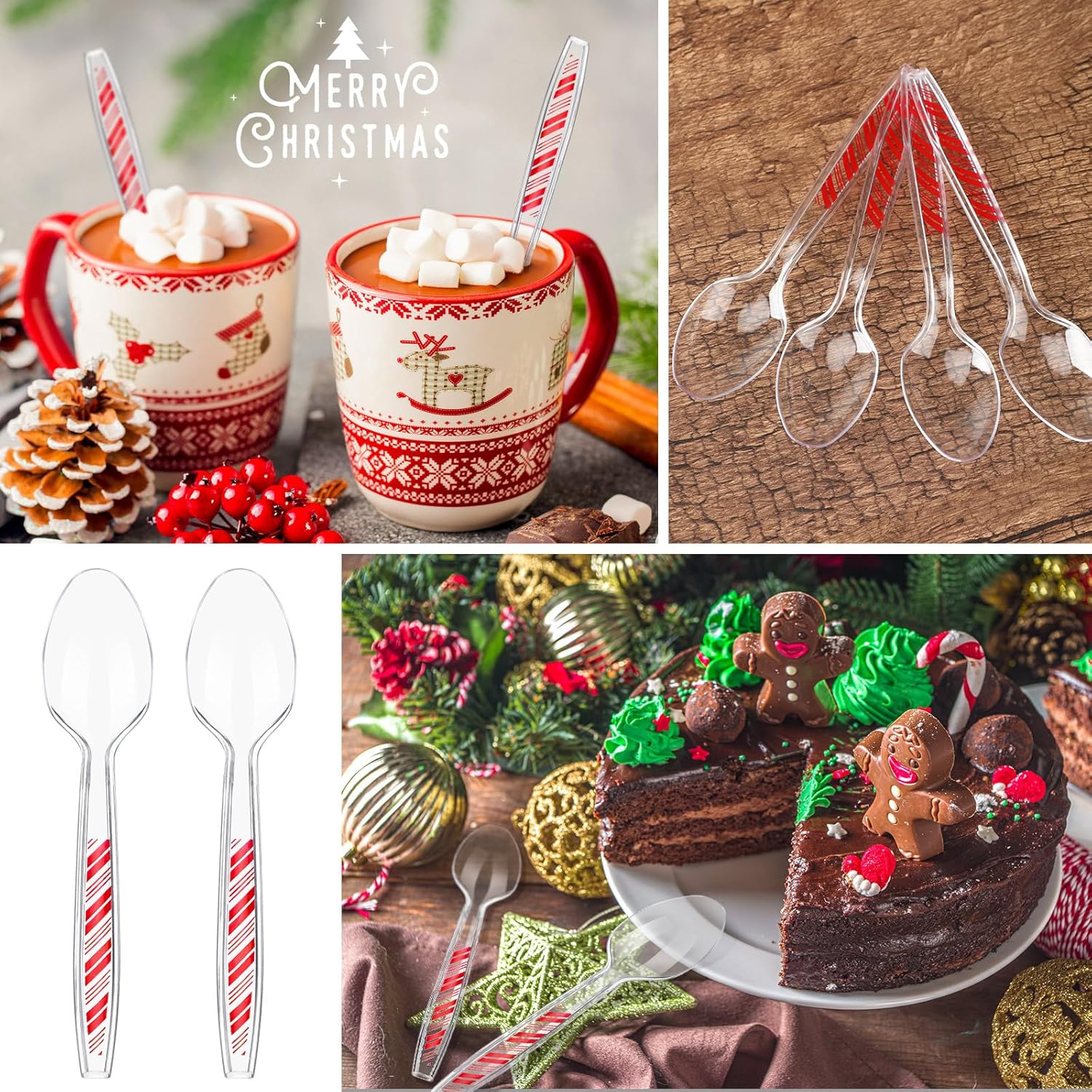 Paquete de 100 cucharas desechables de plástico transparente de Navidad de 6 pulgadas con patrón de rayas rojas, utensilios transparentes para