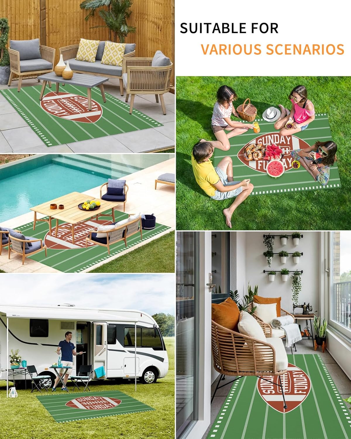 Outdoor Rug Carpet Waterproof 6×9 ft Area Rug, Football Green Large Floor Mat for Patio Balcony Living Room Backyard Picnic Beach RV Camping Rug