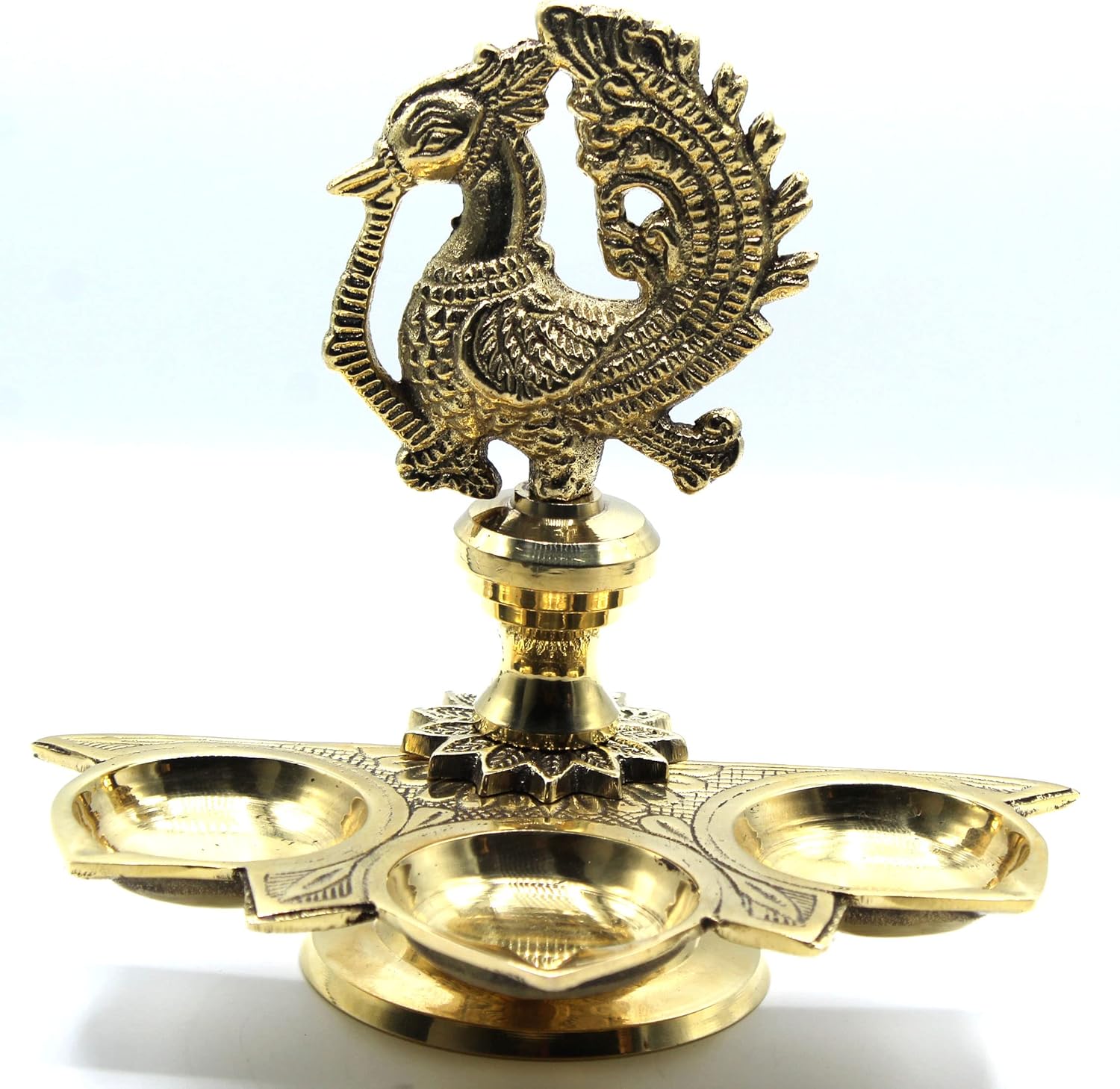 -Hecho a mano de latón macizo pavo real mesa 3 candelabros candelabros decoración  Decoración india Golden Diya PujaPooja lámpara de aceite de
