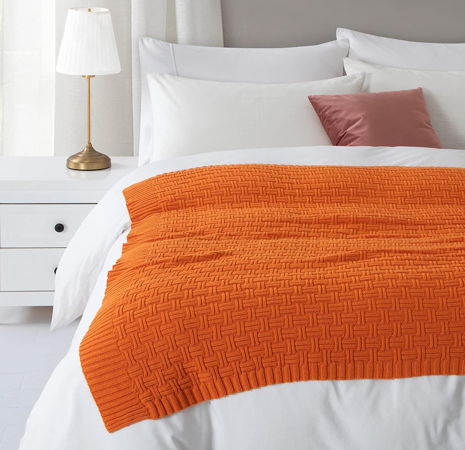 Manta de punto trenzado de algodón naranja, acogedora manta de punto cálido para sofá, 60 x 80 pulgadas