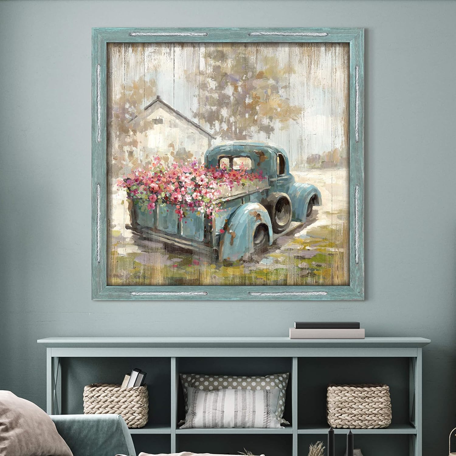 Arte de pared de granja Imagen de madera Granero de granja enmarcada decoración rústica paisaje de campo viejo camión con flores impresión campo