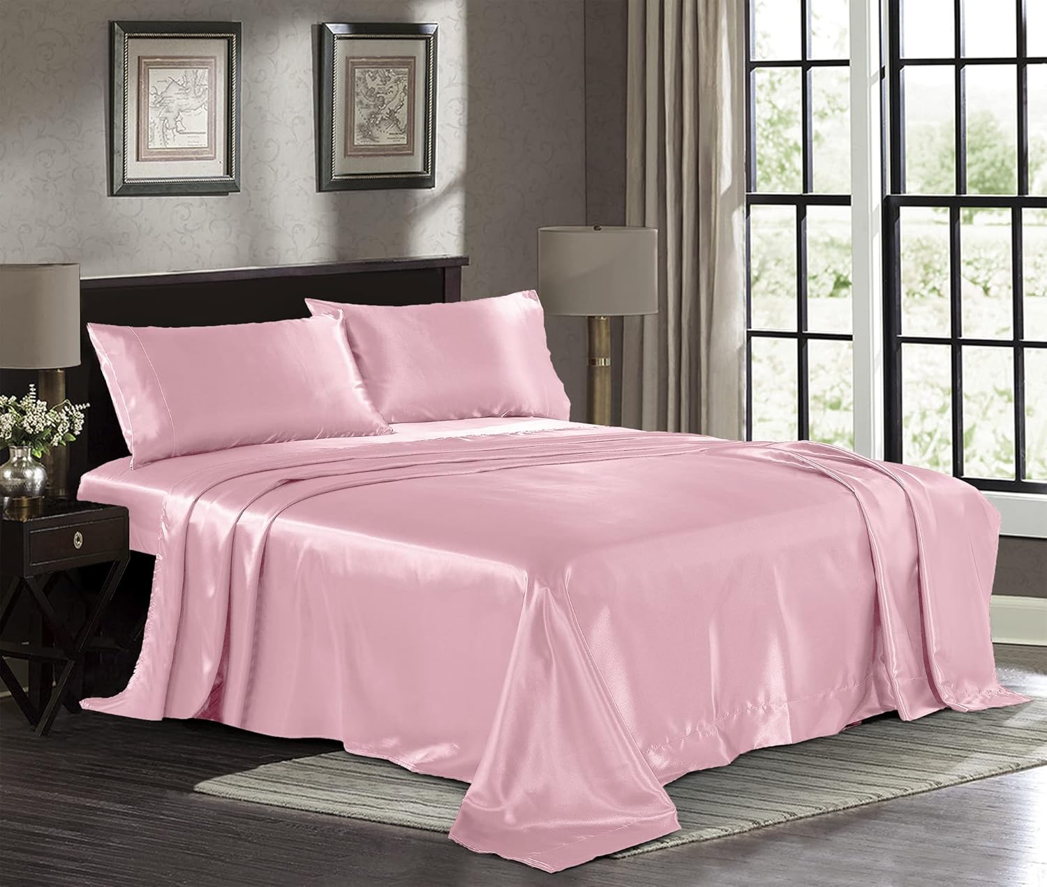 Sábanas de satén California King 4 piezas, rosa Juego de sábanas sedosas de lujo  Juego de sábanas de microfibra extra suave de 1800, resistente a