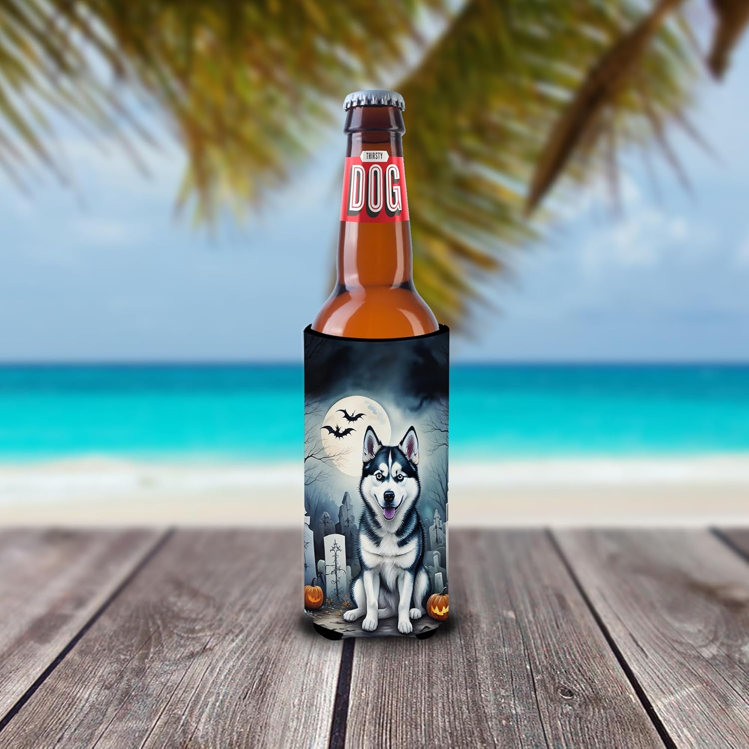 Caroline’s Treasures DAC2055MUK Siberian Husky Spooky Halloween Hugger for Ultra Slim Cans Can Cooler Sleeve Hugger Machine Washable Drink Sleeve