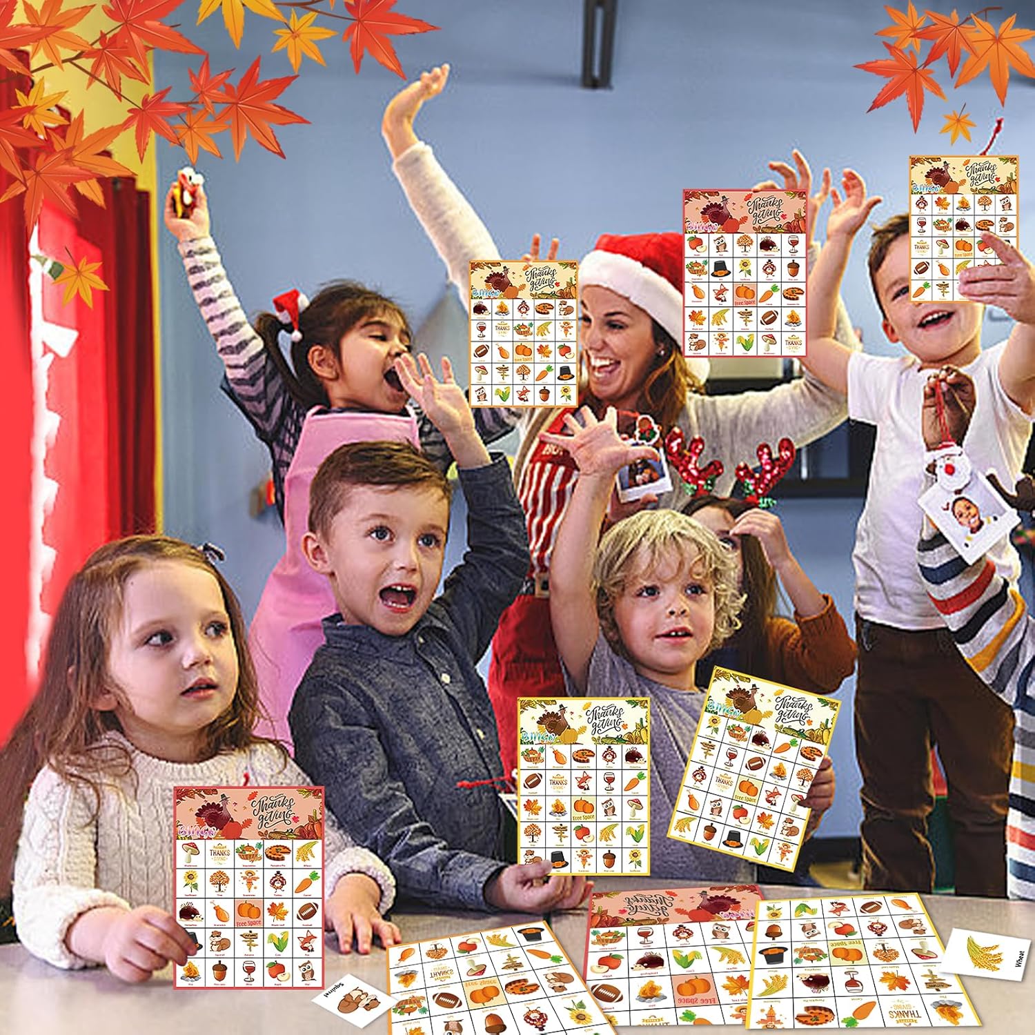 46 tarjetas de juego de bingo de Acción de Gracias para 30 jugadores, juegos de fiesta del día de Acción de Gracias, bingo de otoño para niños,