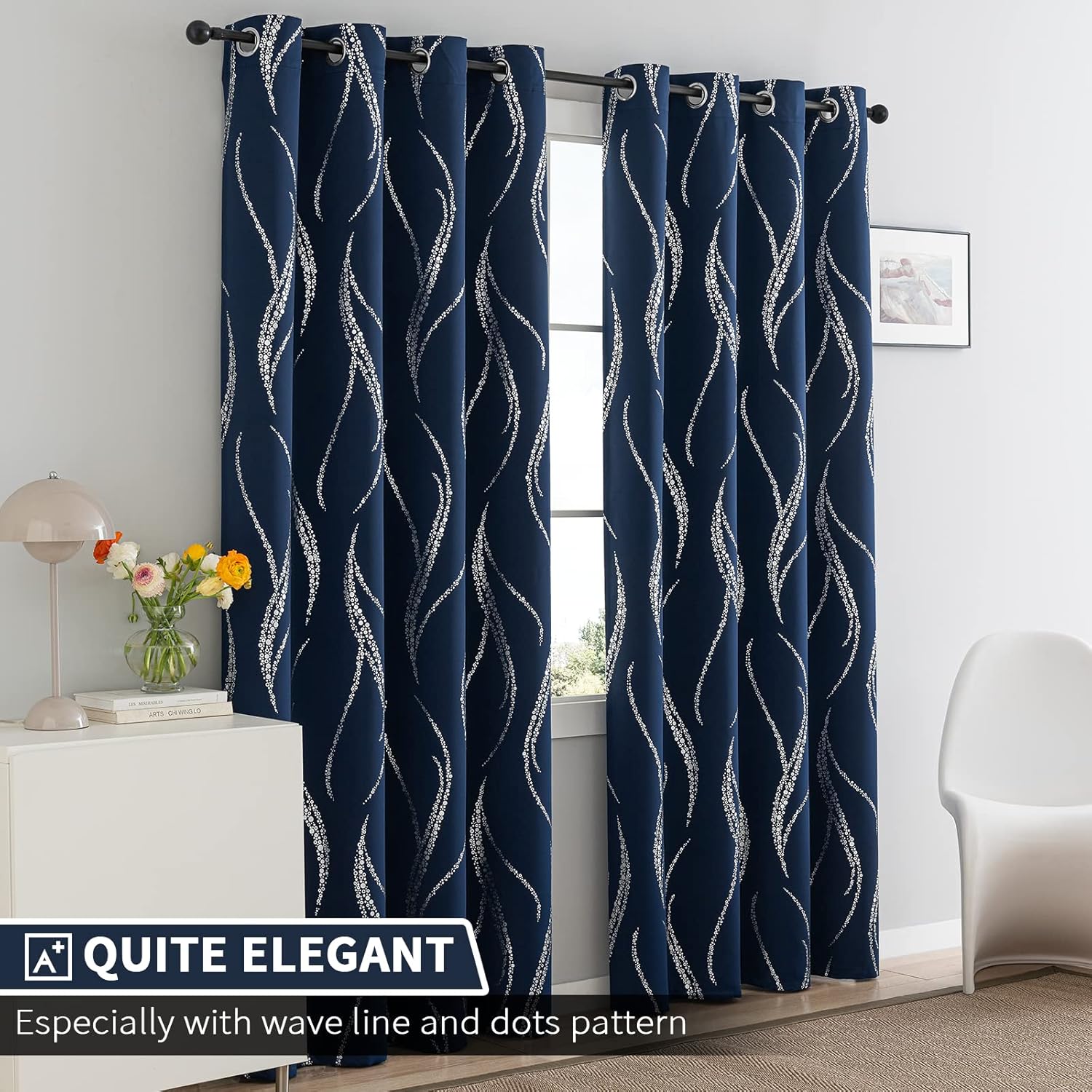 Yakamok Cortinas opacas para sala de estar, cortinas de 84 pulgadas de largo, cortinas onduladas azul marino y plateado con patrón, cortinas de