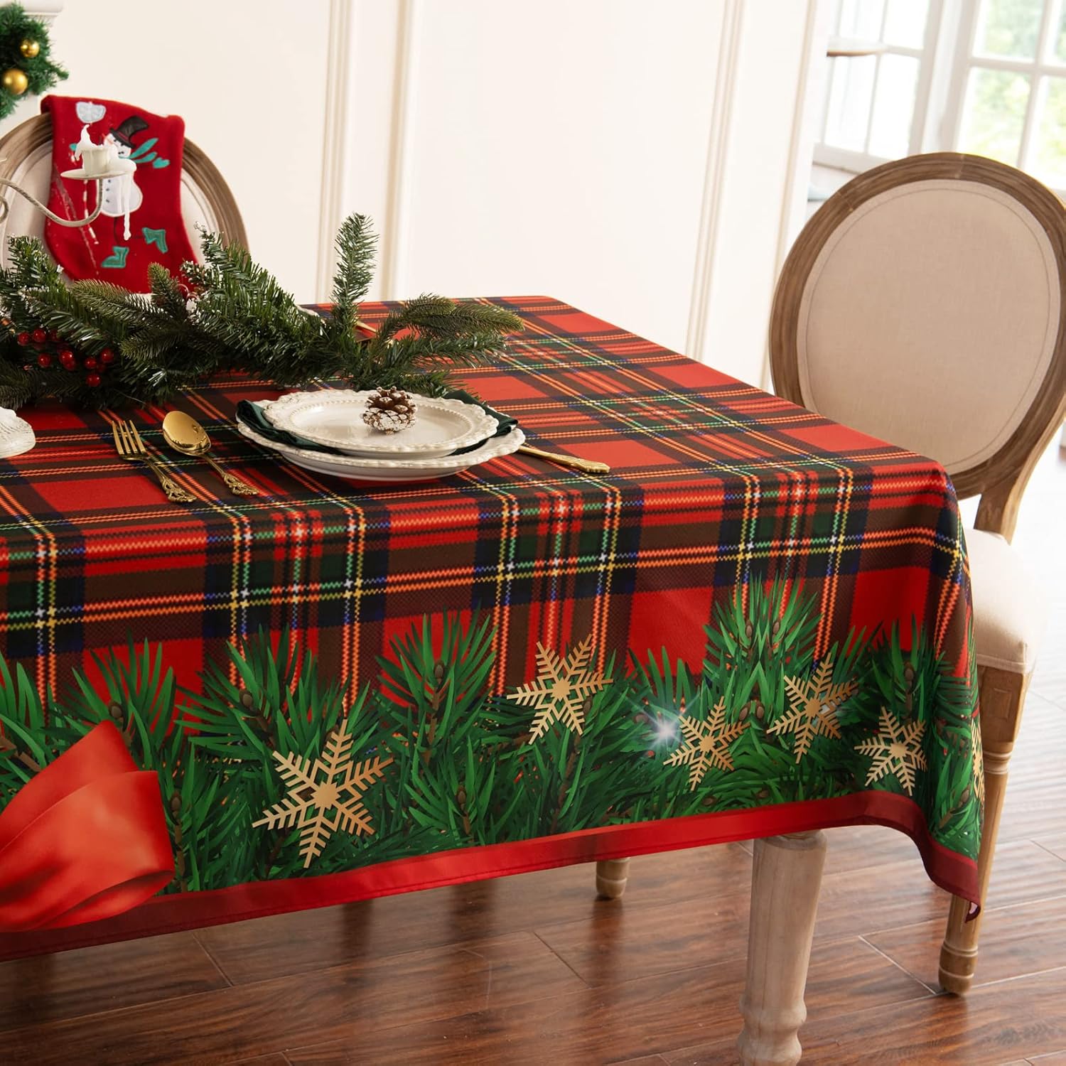 Mantel de Navidad de invierno, mantel de tela impresa a cuadros, mantel de liberación de manchas para decoración de fiestas de Navidad (54 x 54