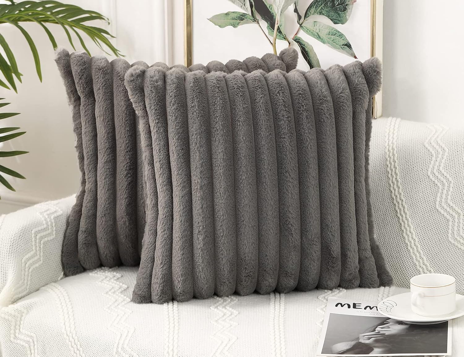 PANOD Juego de 2 fundas de almohada decorativas de piel sintética de 18 x 18 pulgadas, color gris, lujosas fundas de almohada modernas y bohemias