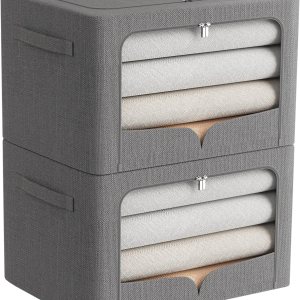 Paquete de 2 contenedores transparentes para almacenamiento de ventana Gran almacenamiento de tela de lino apilable para ropa de 19.7 x 15.7 x 12.6 Paquete de 2 contenedores transparentes para almacenamiento de ventana Gran almacenamiento de tela de lino apilable para ropa de 19.7 x 15.7 x 12.6