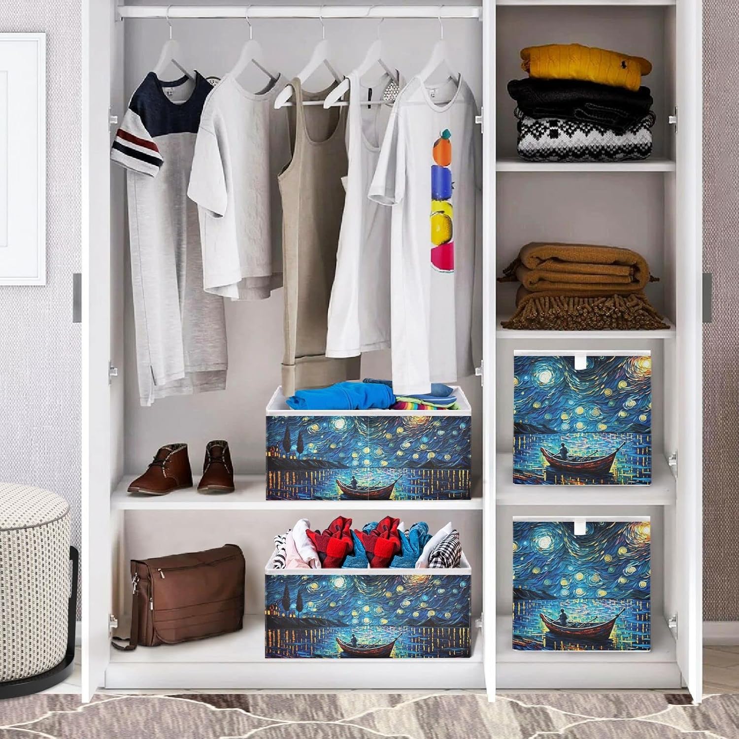 Vnurnrn Van Gogh Night Lake – Cubo de almacenamiento plegable, caja de almacenamiento con tabla de soporte, cestas de tela plegables para