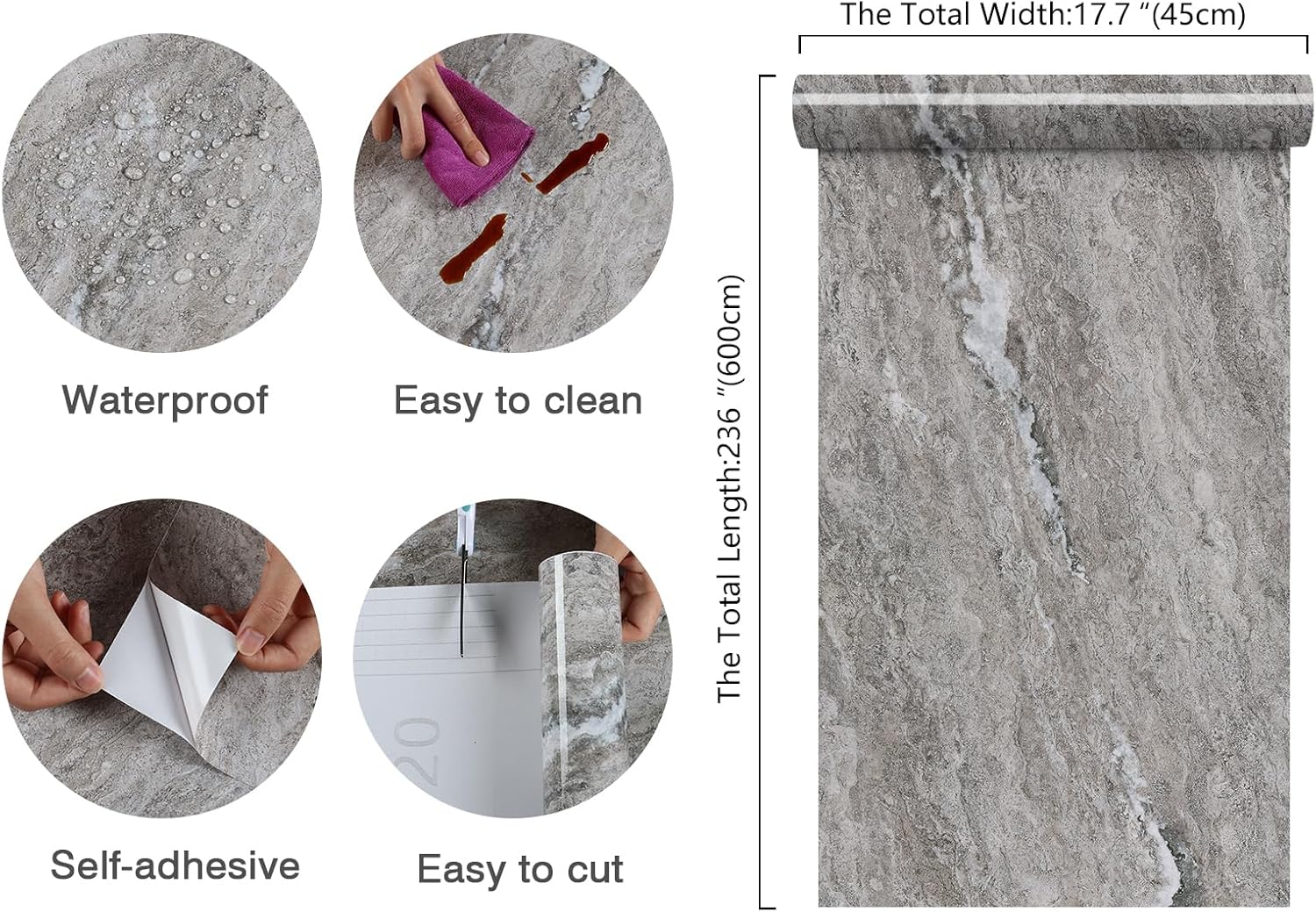 CHIHUT Papel de contacto de mármol impermeable para encimeras de cocina de 17.7 x 236 pulgadas, papel de contacto de mármol autoadhesivo extraíble