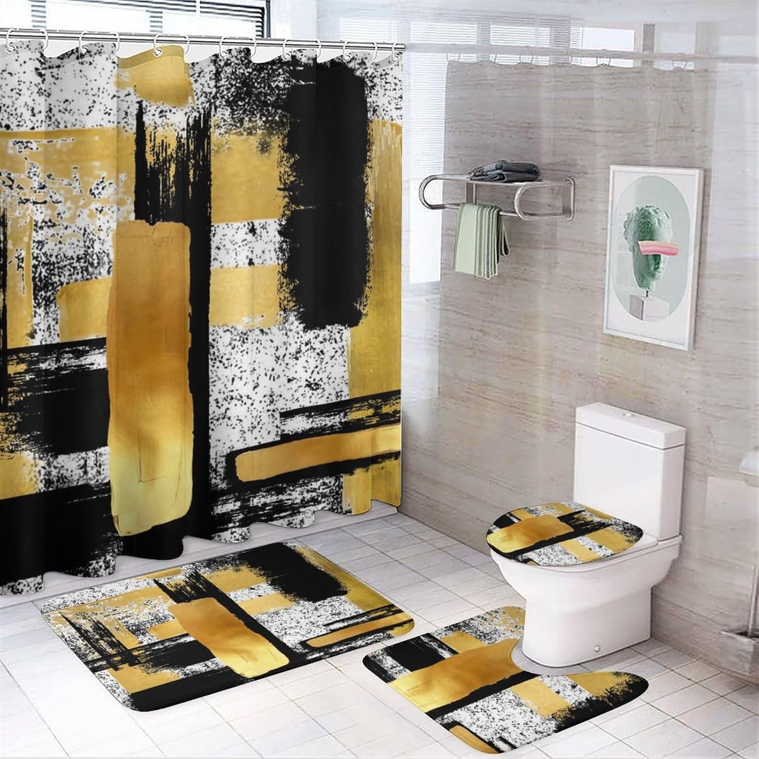 Juego de 4 cortinas de ducha de arte geométrico moderno abstracto, estilo grunge, negro, blanco, dorado, impreso, juego de decoración de baño con