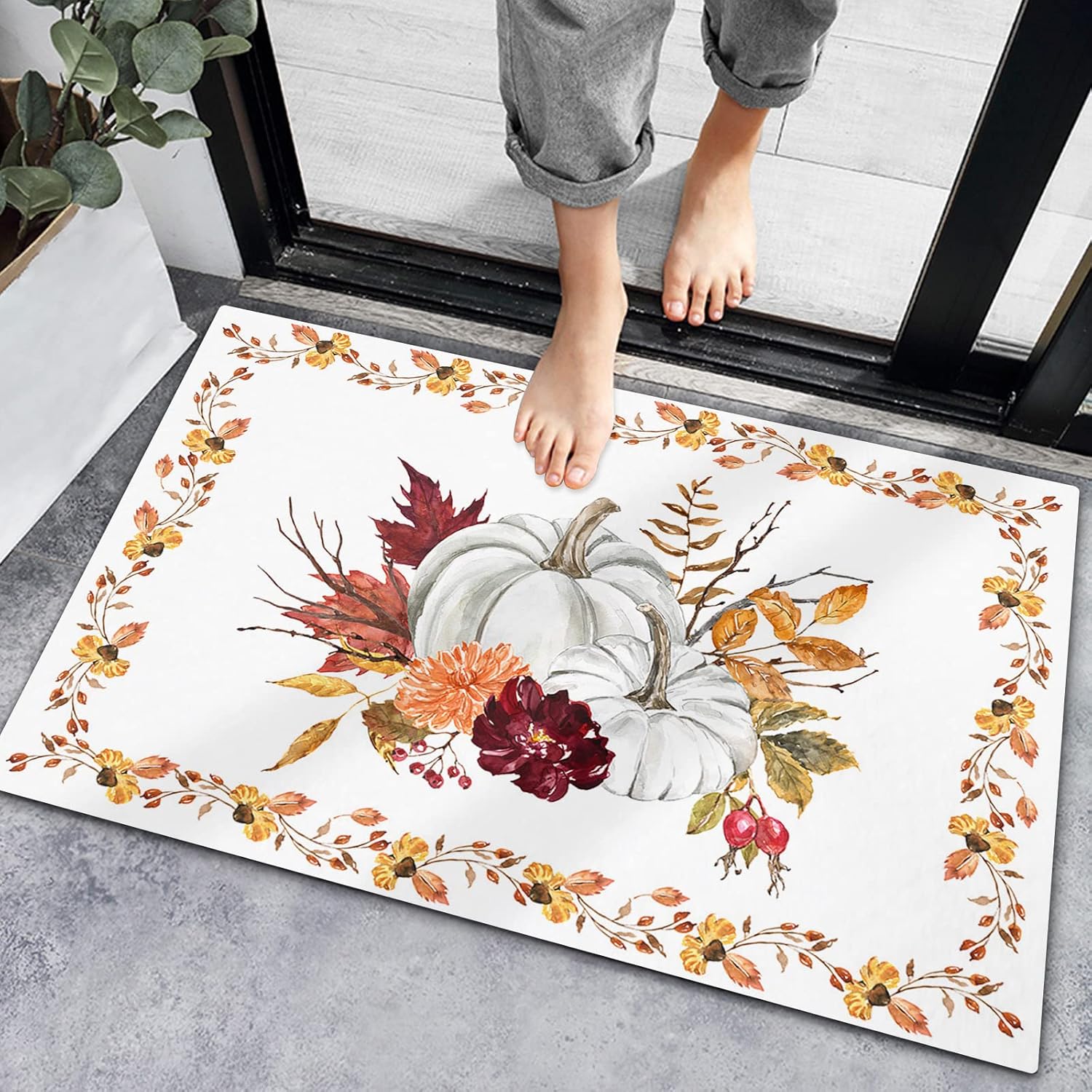 Bath Rugs Entrance Non Slip Front Door Mat Thanksgiving Maple Leaves Pumpkin Berry on White Kitchen Carpets Floral Art Floor Mats for Bathroom