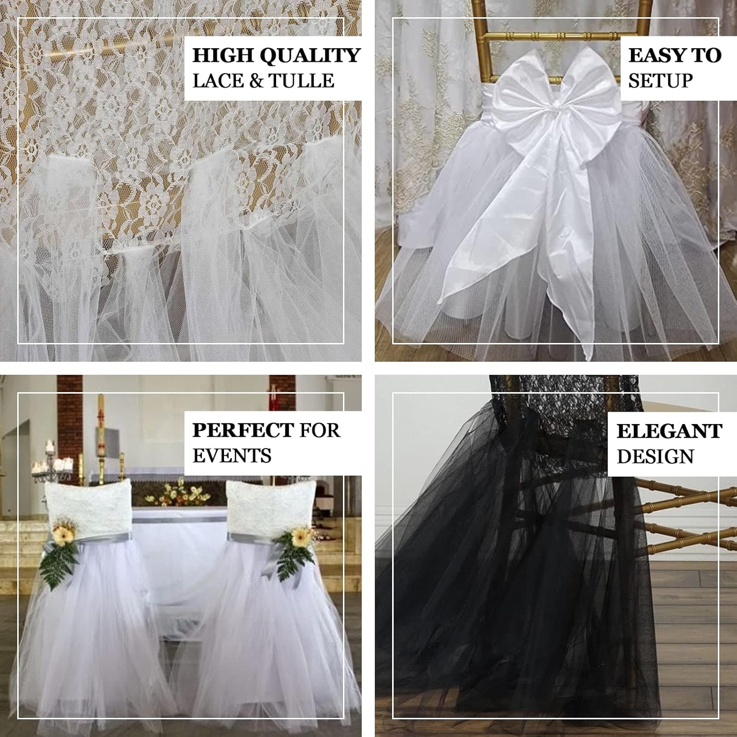 Efavormart – 40 piezas de falda tutú para silla de elastano negro, decoración de silla para eventos de boda