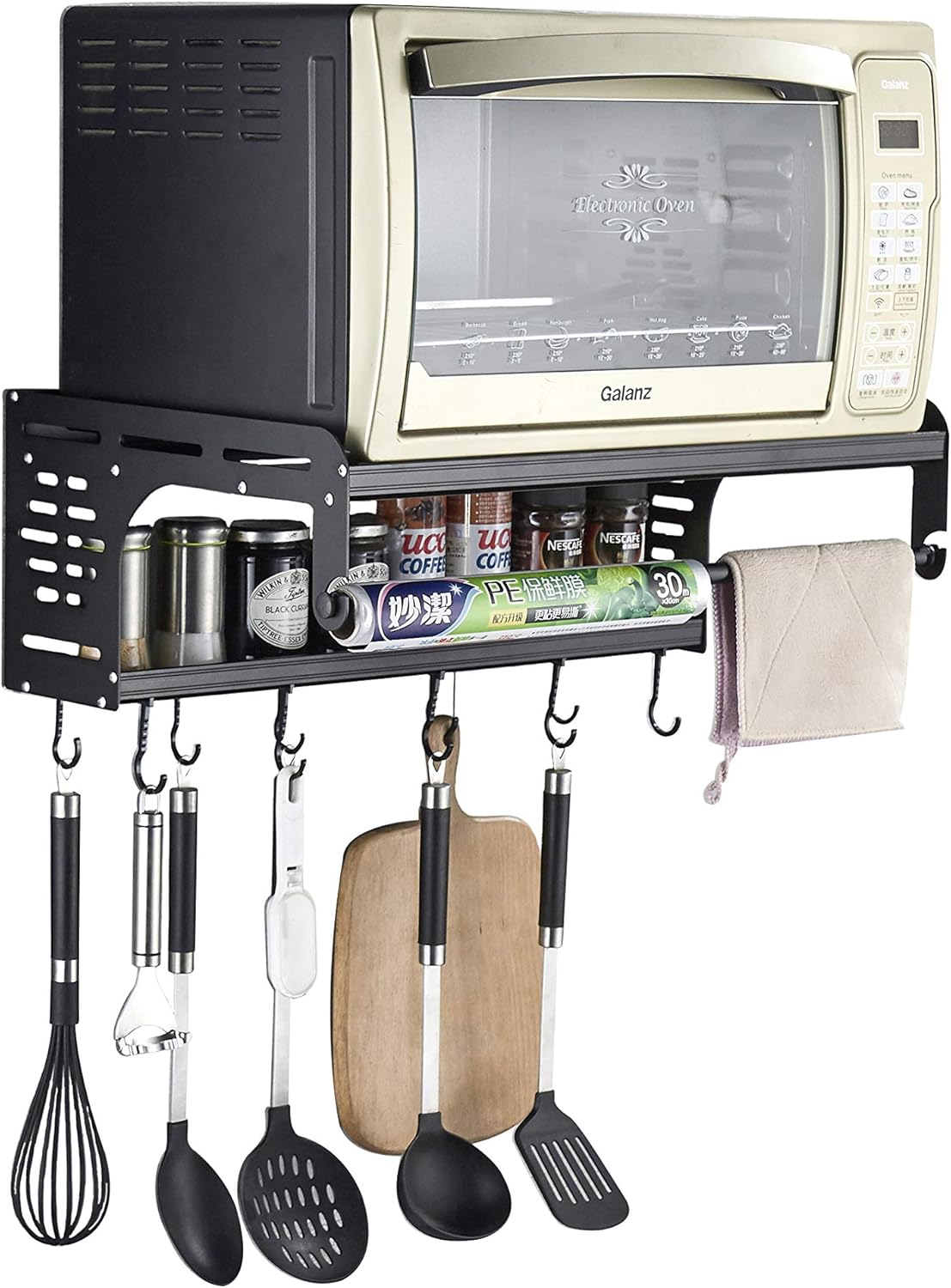 Merry Christmas – Estante multifuncional de aluminio para horno de microondas con 10 ganchos extraíbles y soporte para rollos de envoltura fresca