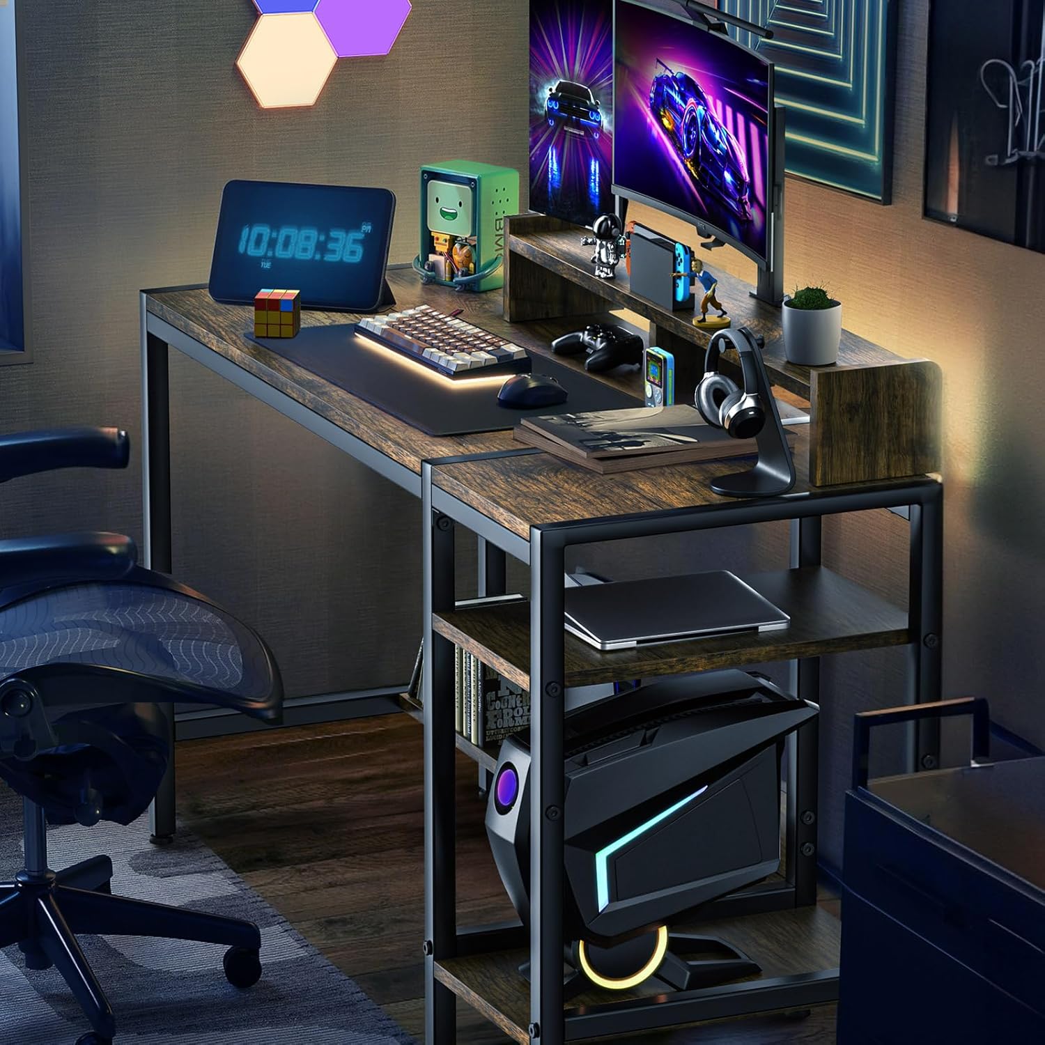 Gimars Escritorio mejorado para computadora de oficina en casa de 47 pulgadas con soporte para monitor, escritorio rústico con estantes ajustables y