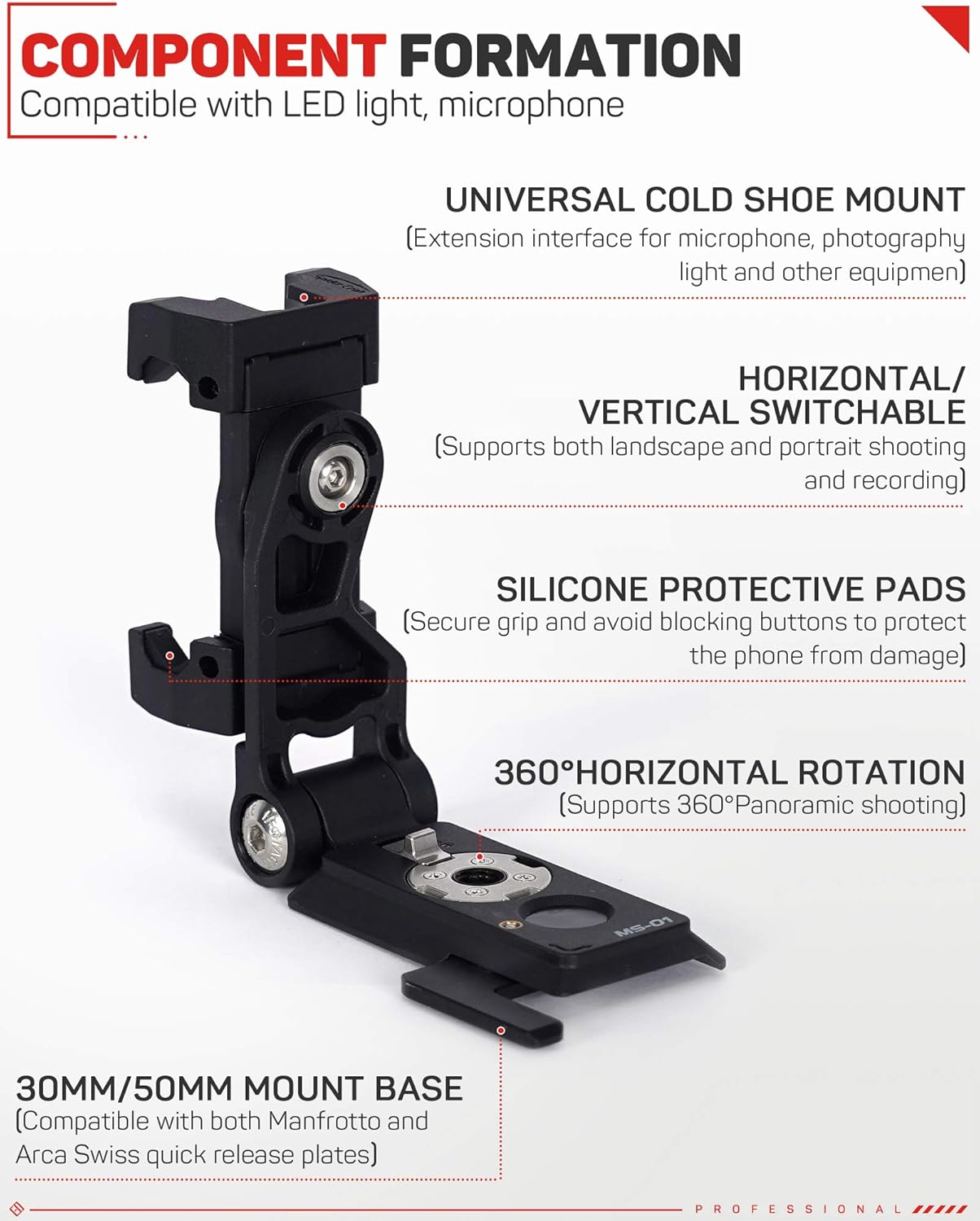 IFOOTAGE Adaptador universal de montaje de trípode para teléfono con zapata fría, soporte de teléfono celular de rotación de 360 para trípode,