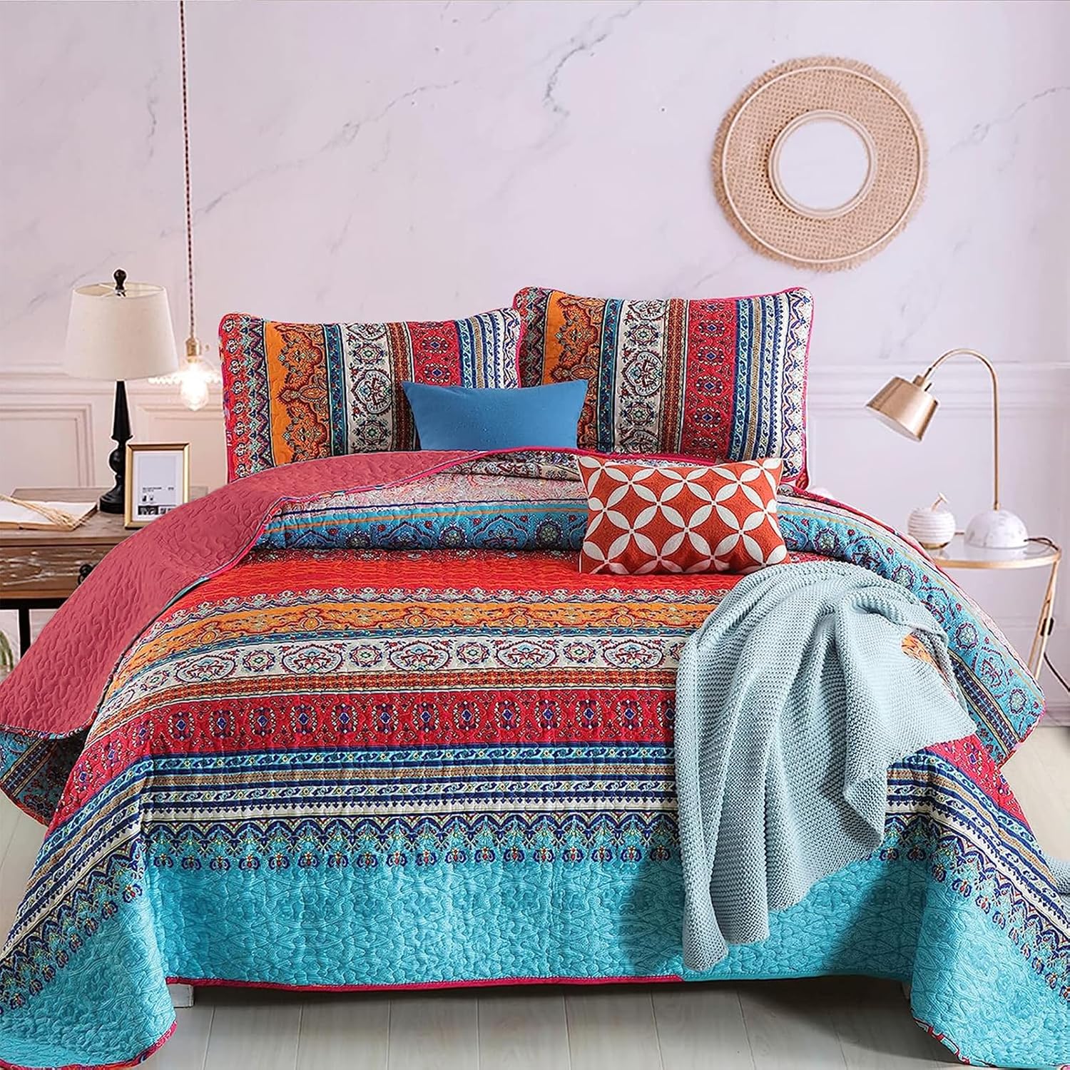 WONGS BEDDING Juego de edredón bohemio tamaño Queen, juego de edredón de 3 piezas de rayas bohemias de Navidad, juego de edredón de microfibra