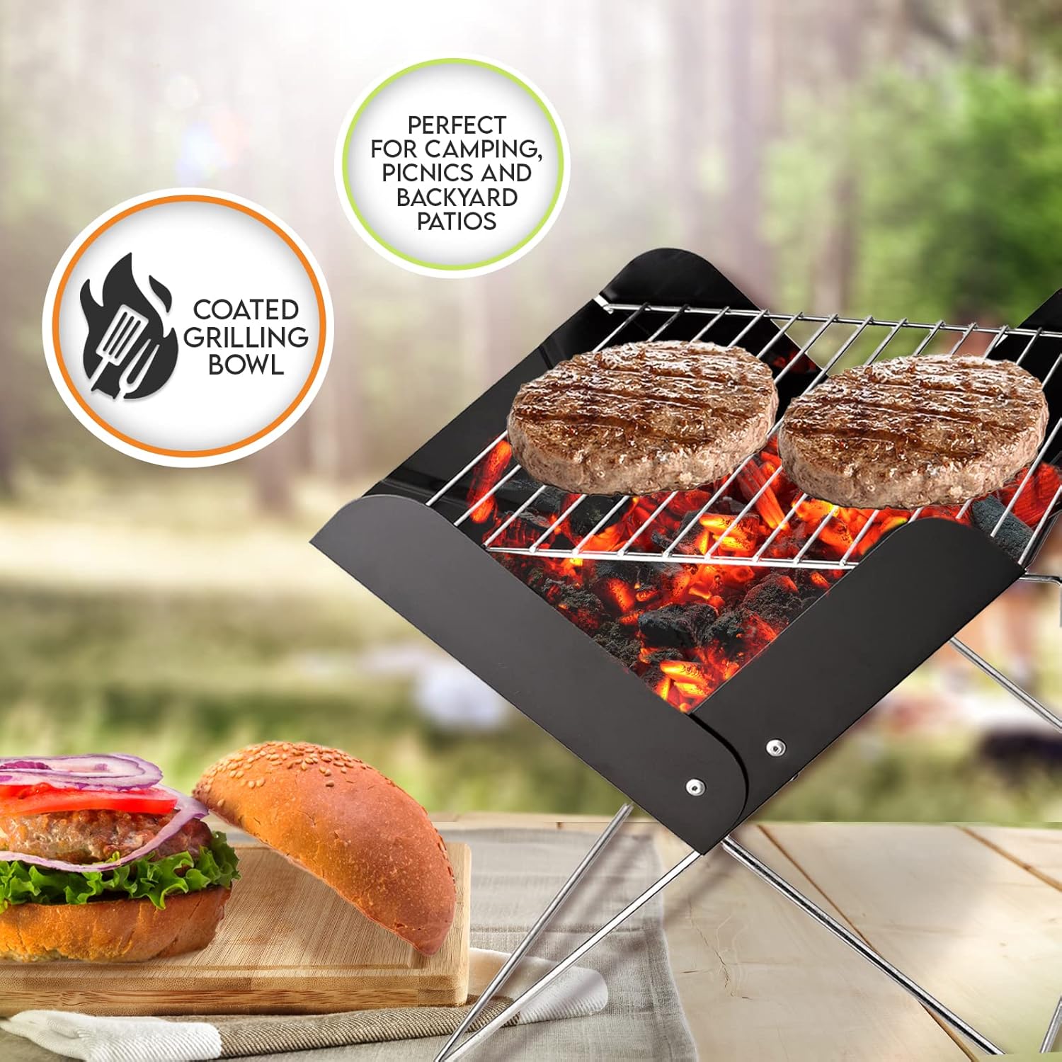 PAMI Parrilla portátil de carbón de mesa para barbacoa, parrilla de 12 pulgadas con patas plegables para patio trasero, campamento, fiesta de cola y
